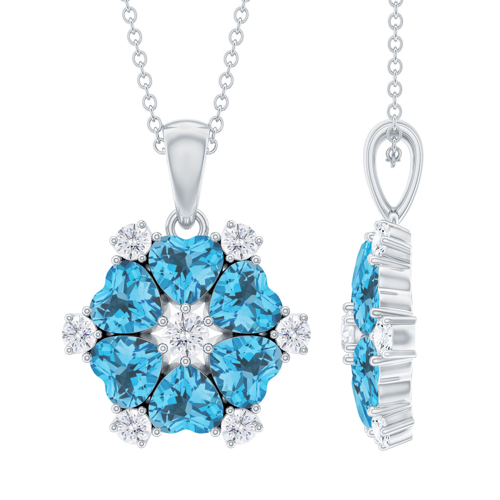 1.75 CT Heart Shape Swiss Blue Topaz and Diamond Flower Pendant Swiss Blue Topaz - ( AAA ) - Quality - Rosec Jewels