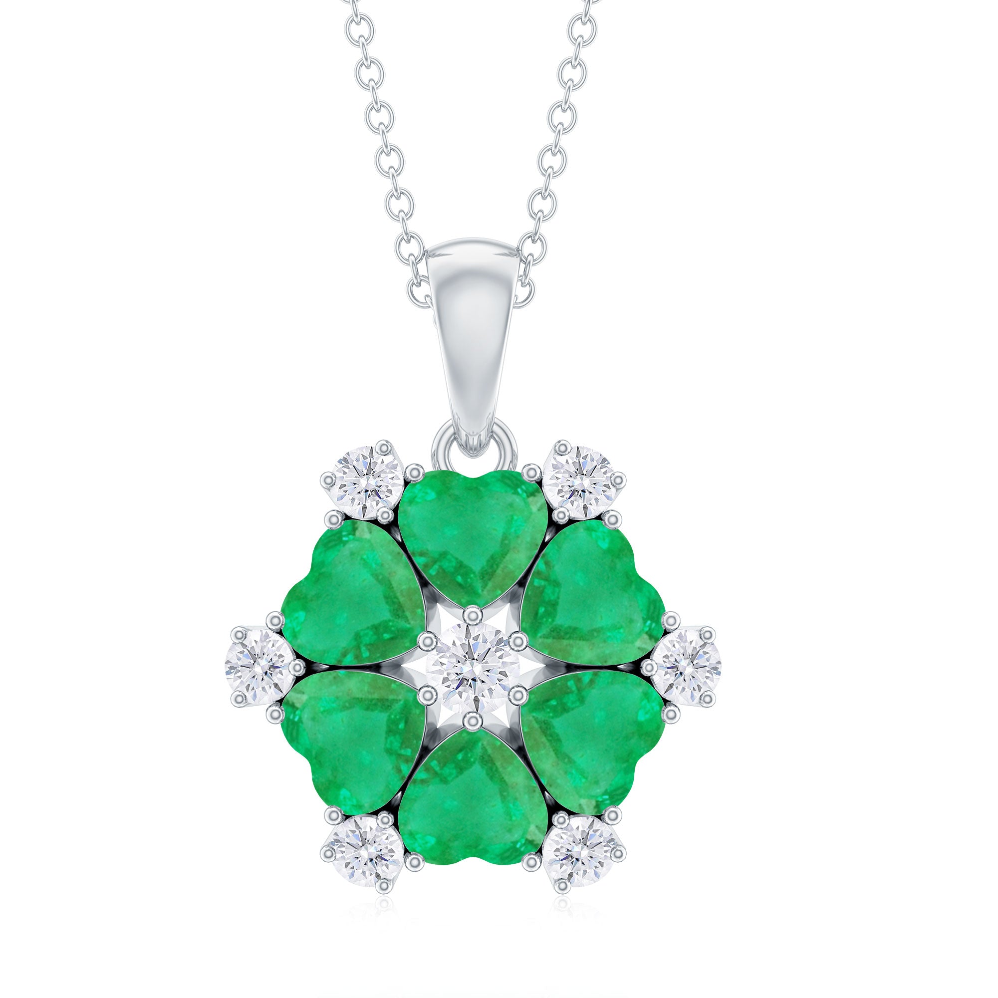 2 CT Heart Shape Emerald and Diamond Flower Pendant Emerald - ( AAA ) - Quality - Rosec Jewels