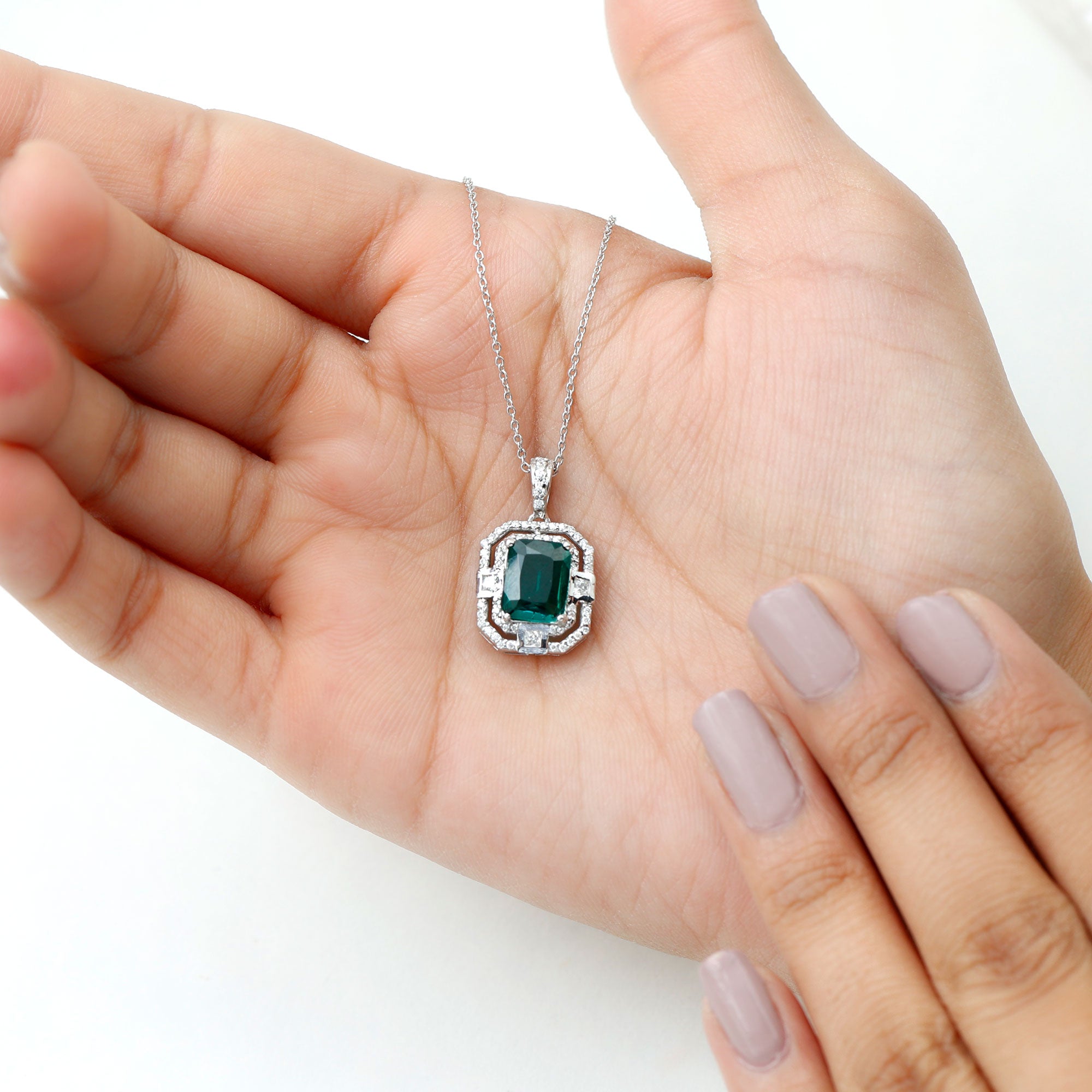 Vintage Inspired Octagon Cut Created Emerald and Moissanite Pendant in Silver - Rosec Jewels