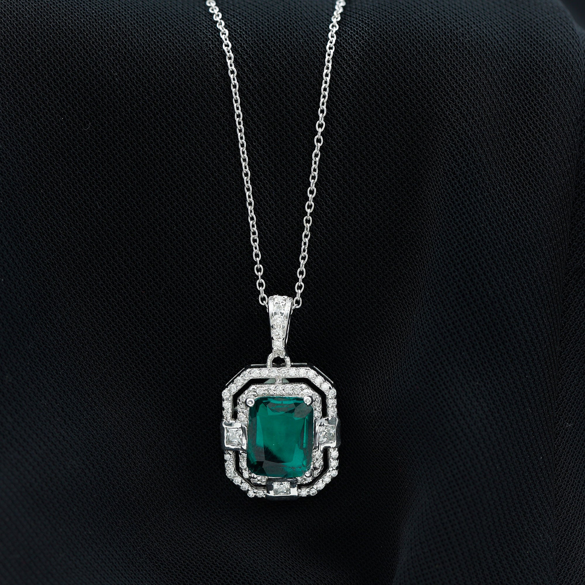 Vintage Inspired Octagon Cut Created Emerald and Moissanite Pendant in Silver - Rosec Jewels