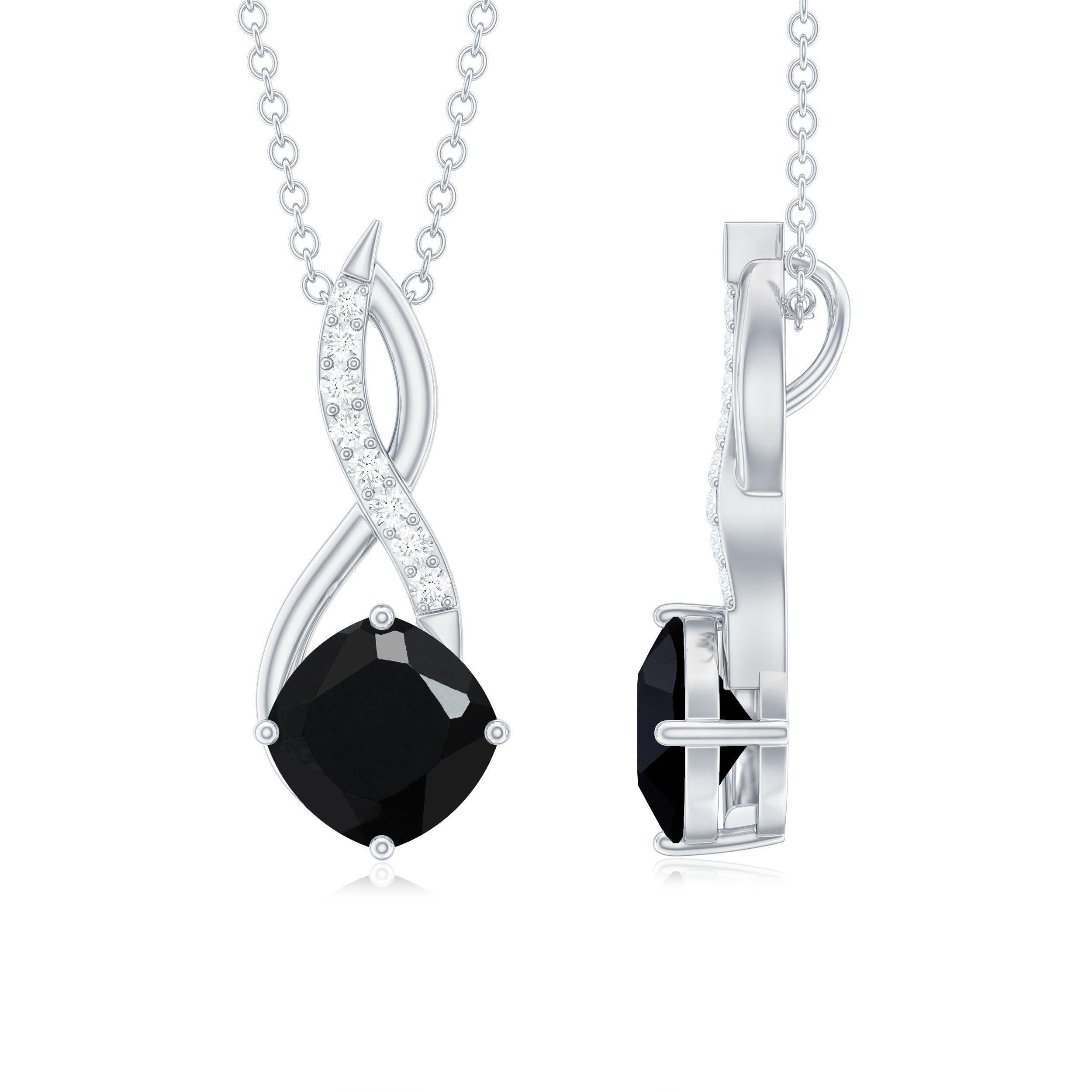 Cushion Cut Black Onyx Solitaire Silver Infinity Pendant with Moissanite - Rosec Jewels