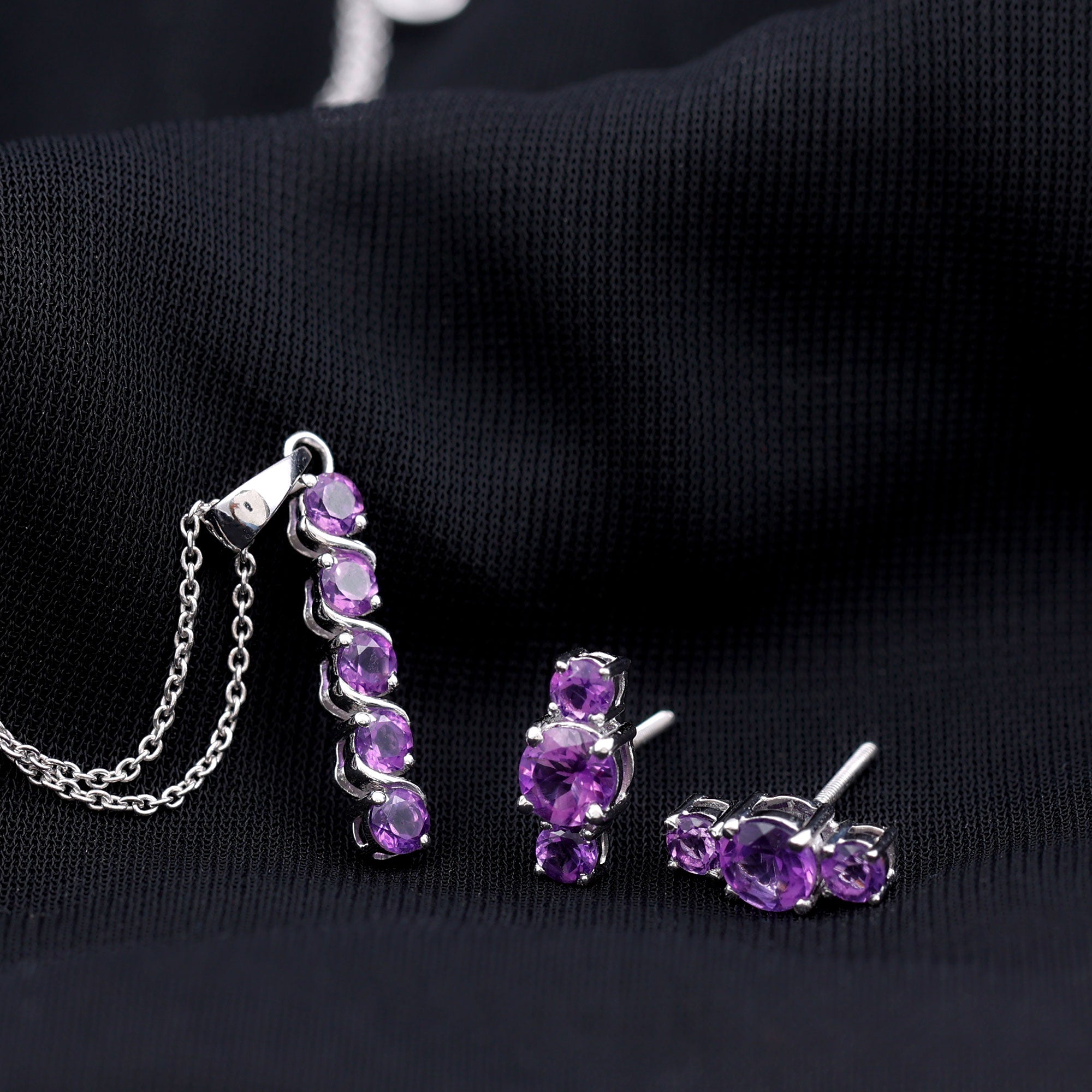 1.75 CT Amethyst Silver Bar Necklace and Earring Set - Rosec Jewels