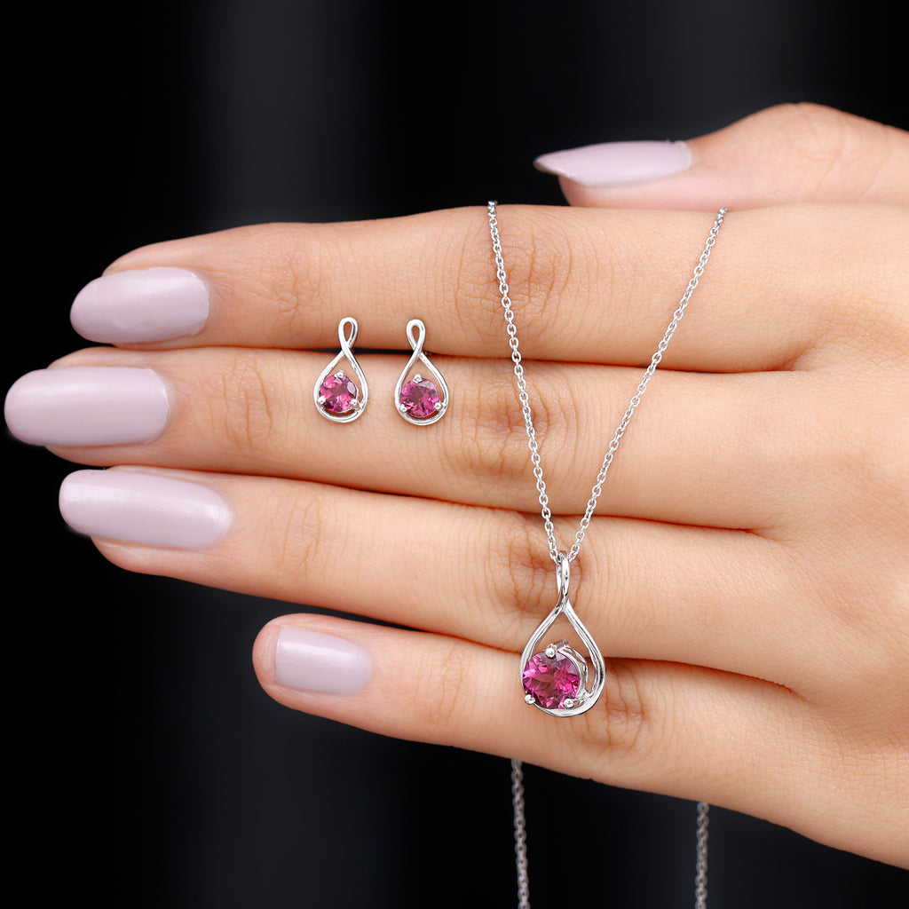 1.25 CT Solitaire Pink Tourmaline Infinity Pendant and Earring Set Pink Tourmaline - ( AAA ) - Quality - Rosec Jewels
