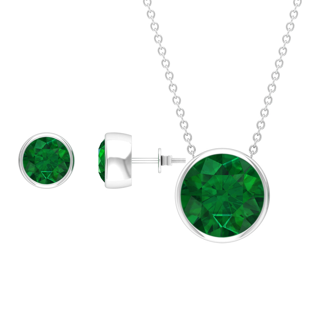 Certified Created Emerald Solitaire Jewelry Set in Bezel Setting Lab Created Emerald - ( AAAA ) - Quality - Rosec Jewels