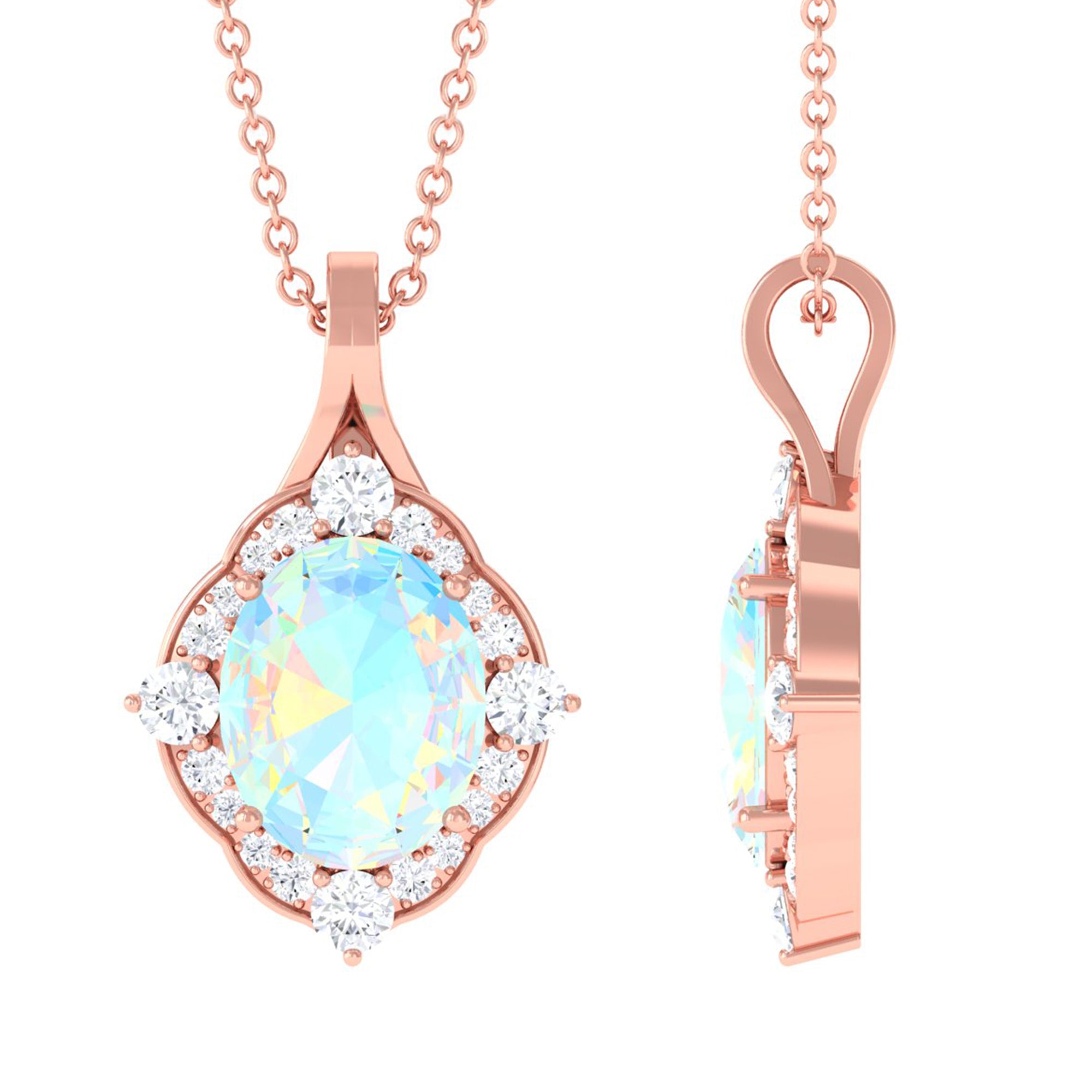 Vintage Inspired Oval Ethiopian Opal Halo Pendant with Moissanite Ethiopian Opal - ( AAA ) - Quality - Rosec Jewels