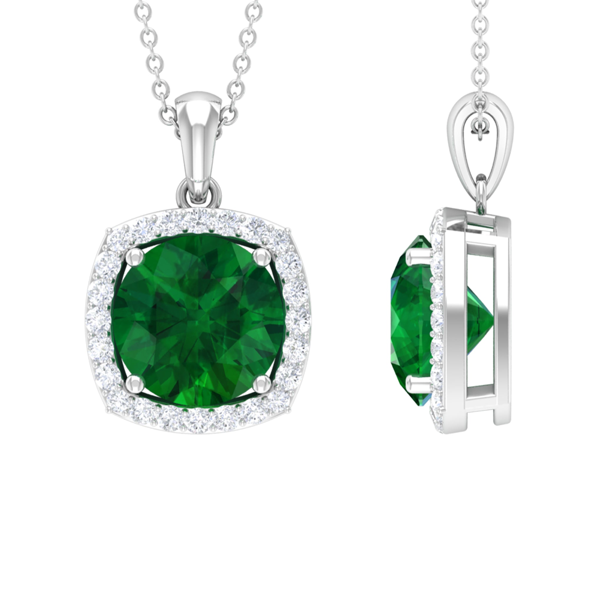 10 MM Classic Solitaire Created Emerald and Moissanite Silver Halo Pendant Necklace - Rosec Jewels