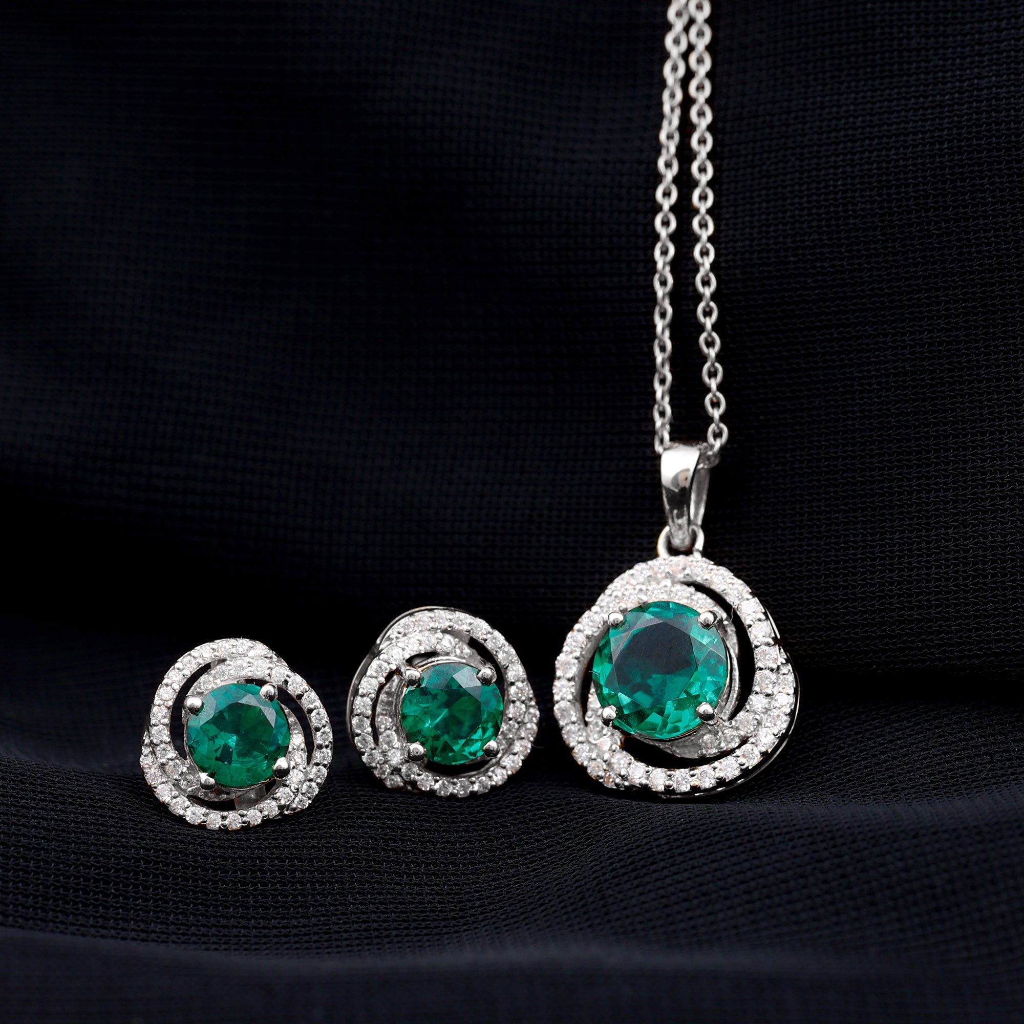 Created Emerald Swirl Pendant And Earrings Set With Moissanite Lab Created Emerald - ( AAAA ) - Quality - Rosec Jewels