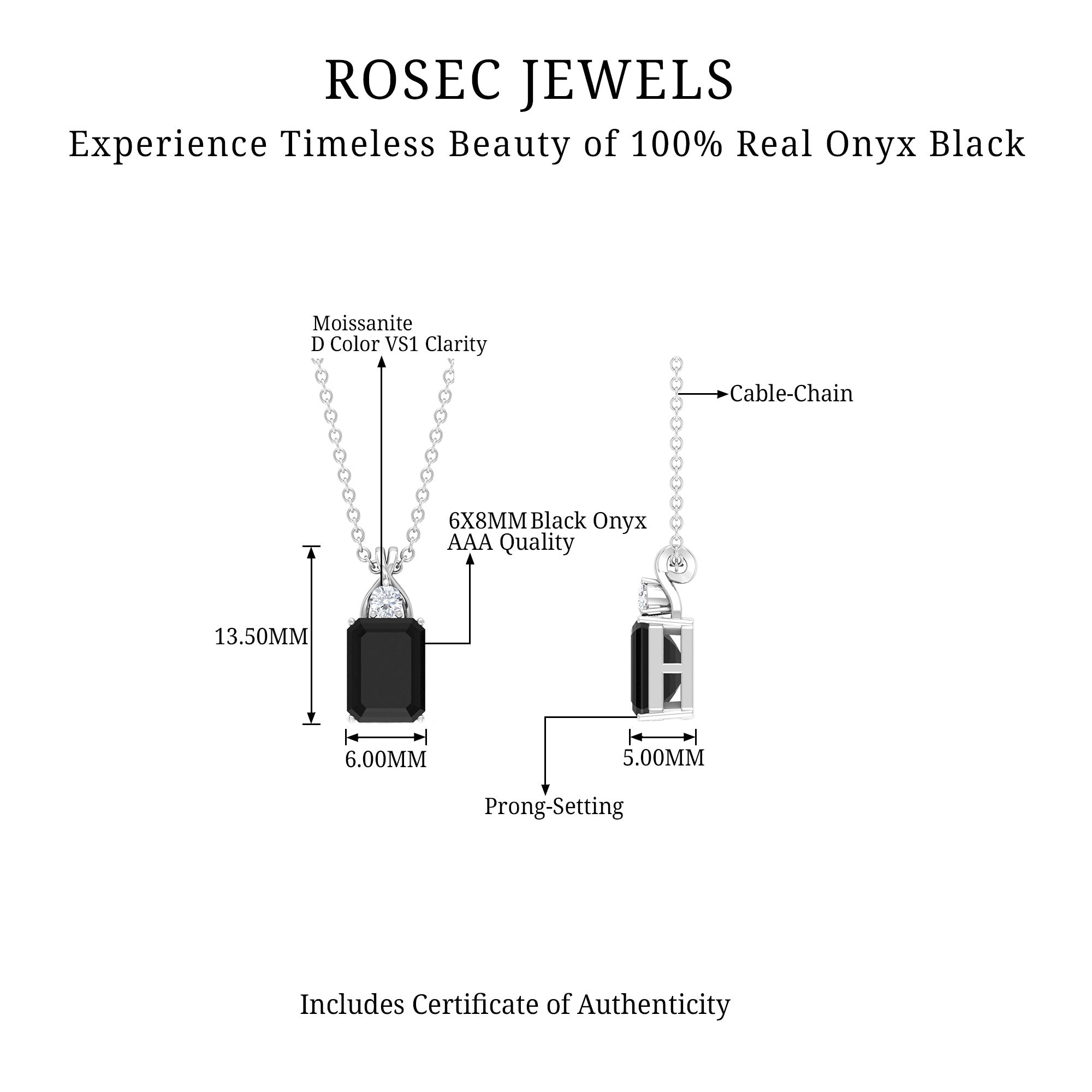 2 CT Simple Black Onyx Silver Solitaire Pendant with Moissanite - Rosec Jewels