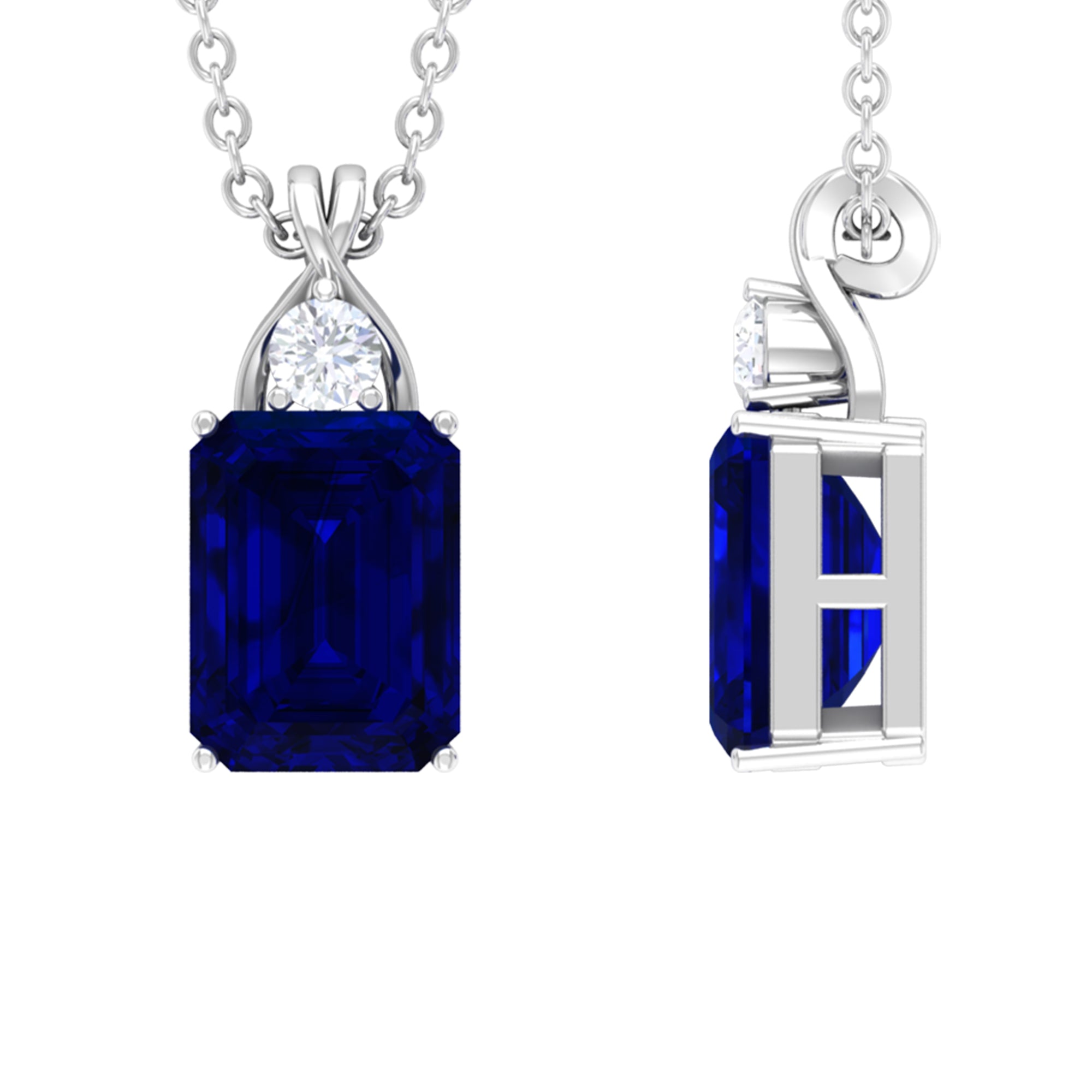 Emerald Cut Created Blue Sapphire Solitaire Silver Pendant with Moissanite - Rosec Jewels