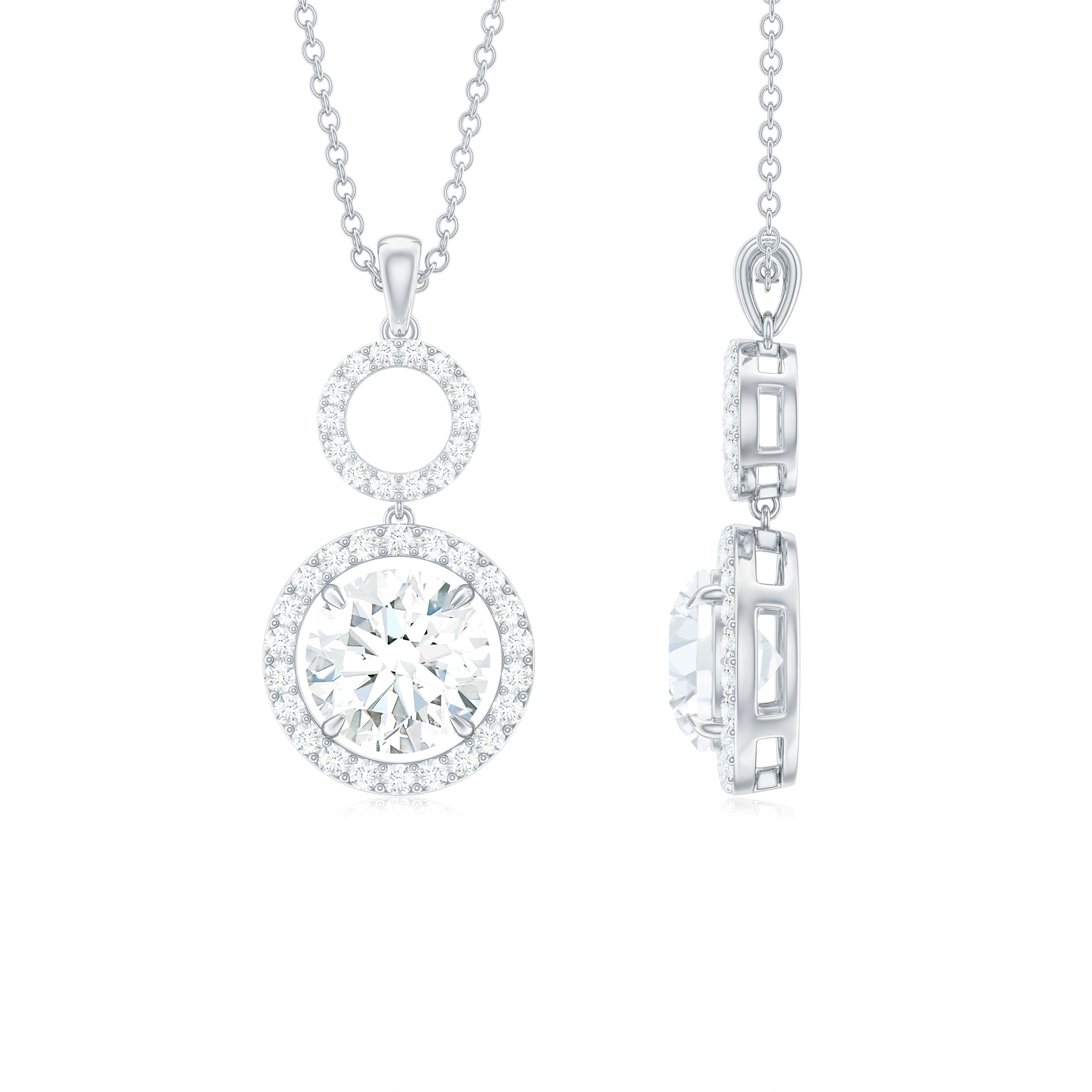 Claw Set Round Moissanite Halo Dangle Pendant Necklace in Silver - Rosec Jewels