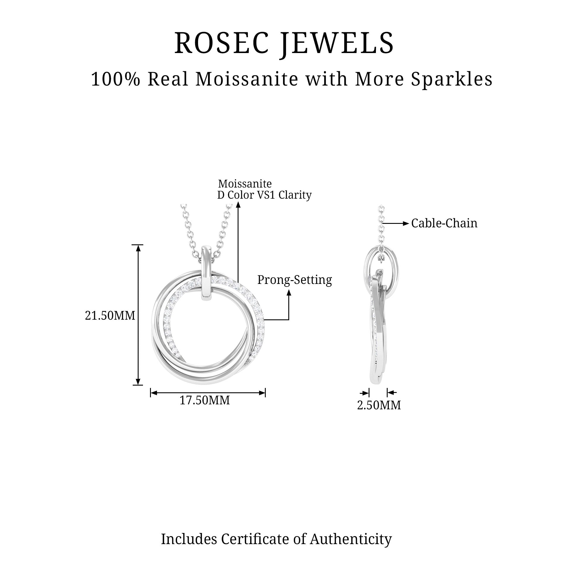 Modern Moissanite Interlock Open Circle Pendant in Silver - Rosec Jewels