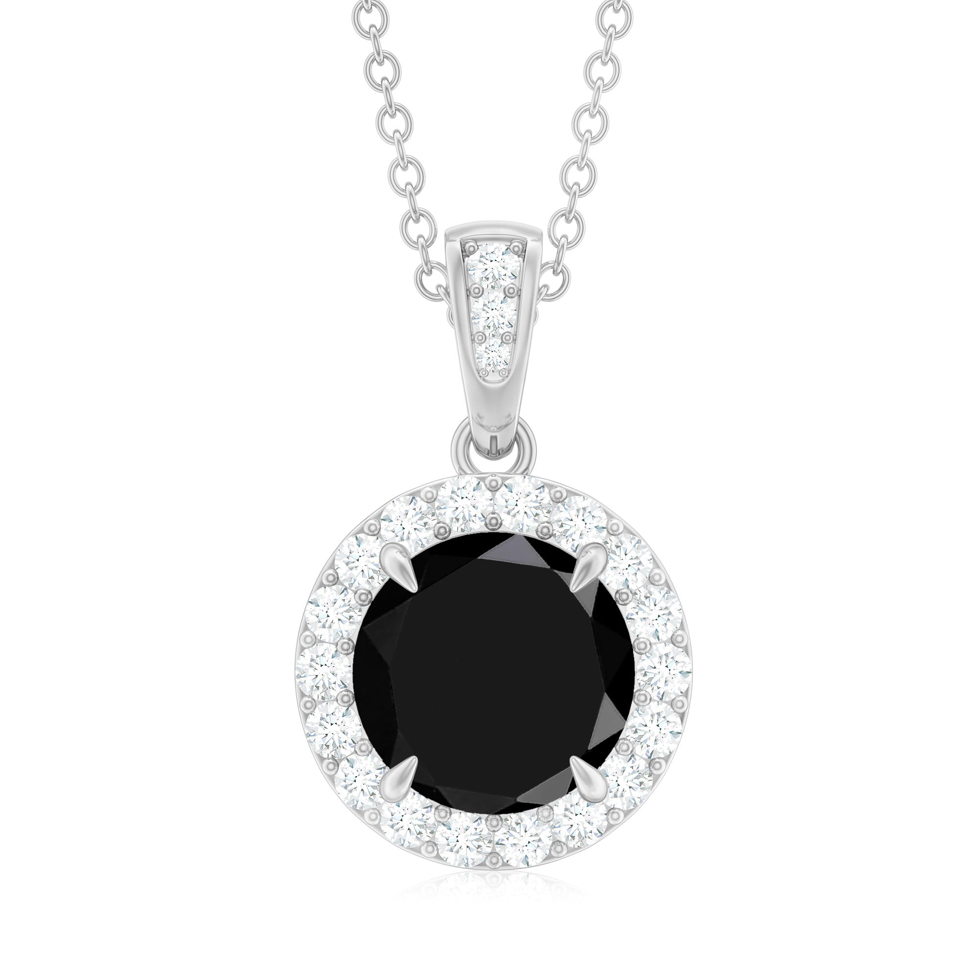 Genuine Black Onyx and Diamond Halo Pendant Necklace Black Onyx - ( AAA ) - Quality - Rosec Jewels