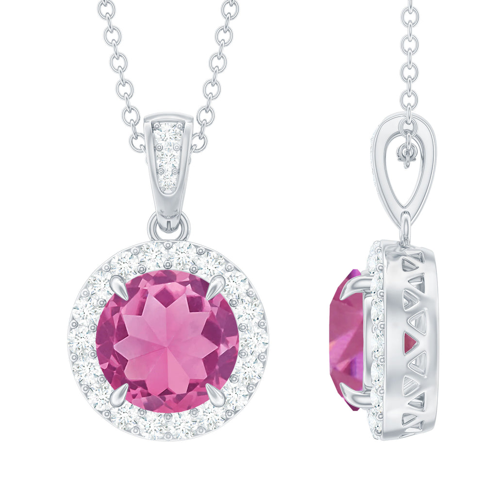 Pink Tourmaline and Moissanite Halo Pendant Necklace Pink Tourmaline - ( AAA ) - Quality - Rosec Jewels