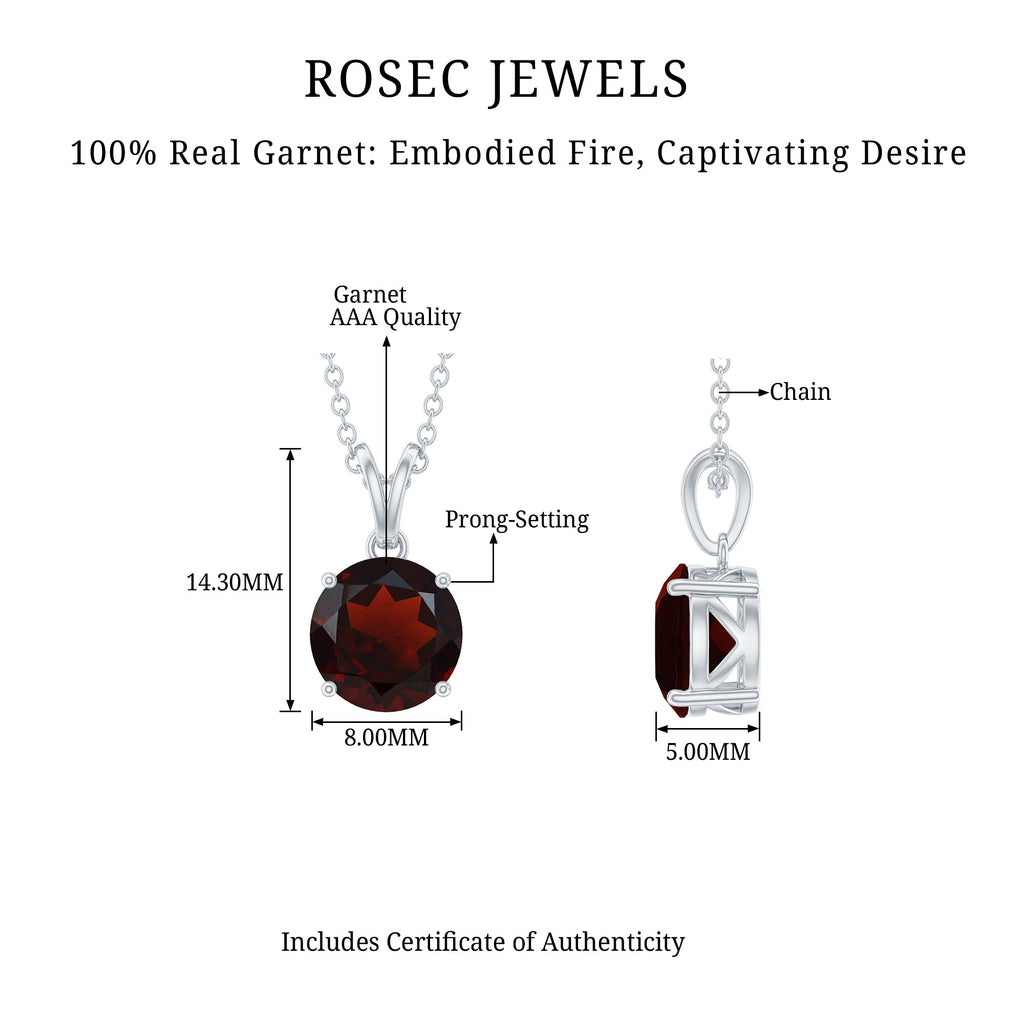8 MM Round Cut Garnet Solitaire Pendant in Four Prong Setting with Rabbit Ear Bail Garnet - ( AAA ) - Quality - Rosec Jewels