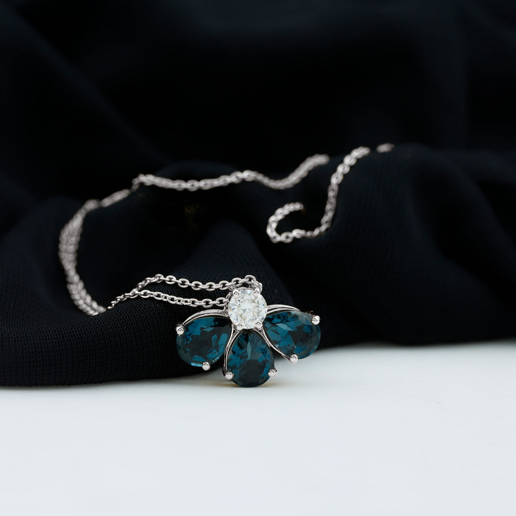Pear Cut London Blue Topaz and Moissanite Flower Pendant London Blue Topaz - ( AAA ) - Quality - Rosec Jewels