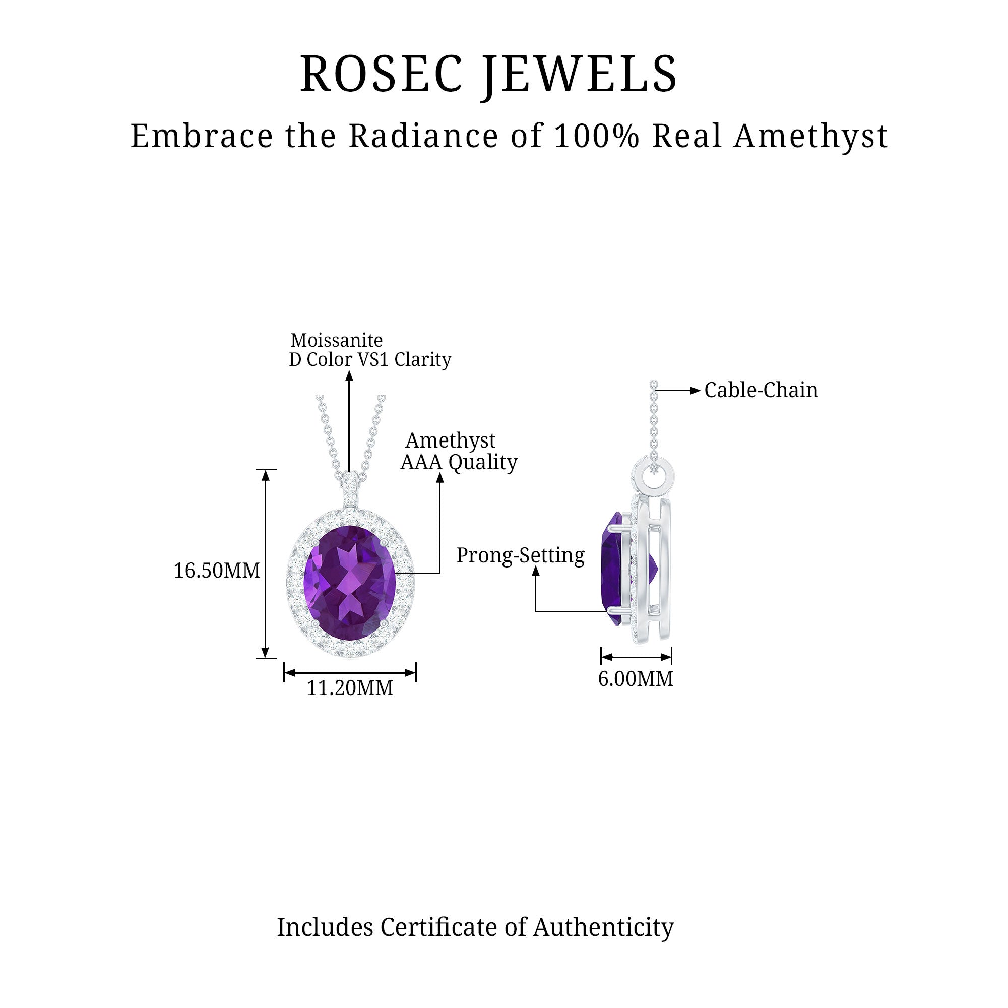 3 CT Certified Amethyst Silver Pendant with Moissanite Halo - Rosec Jewels