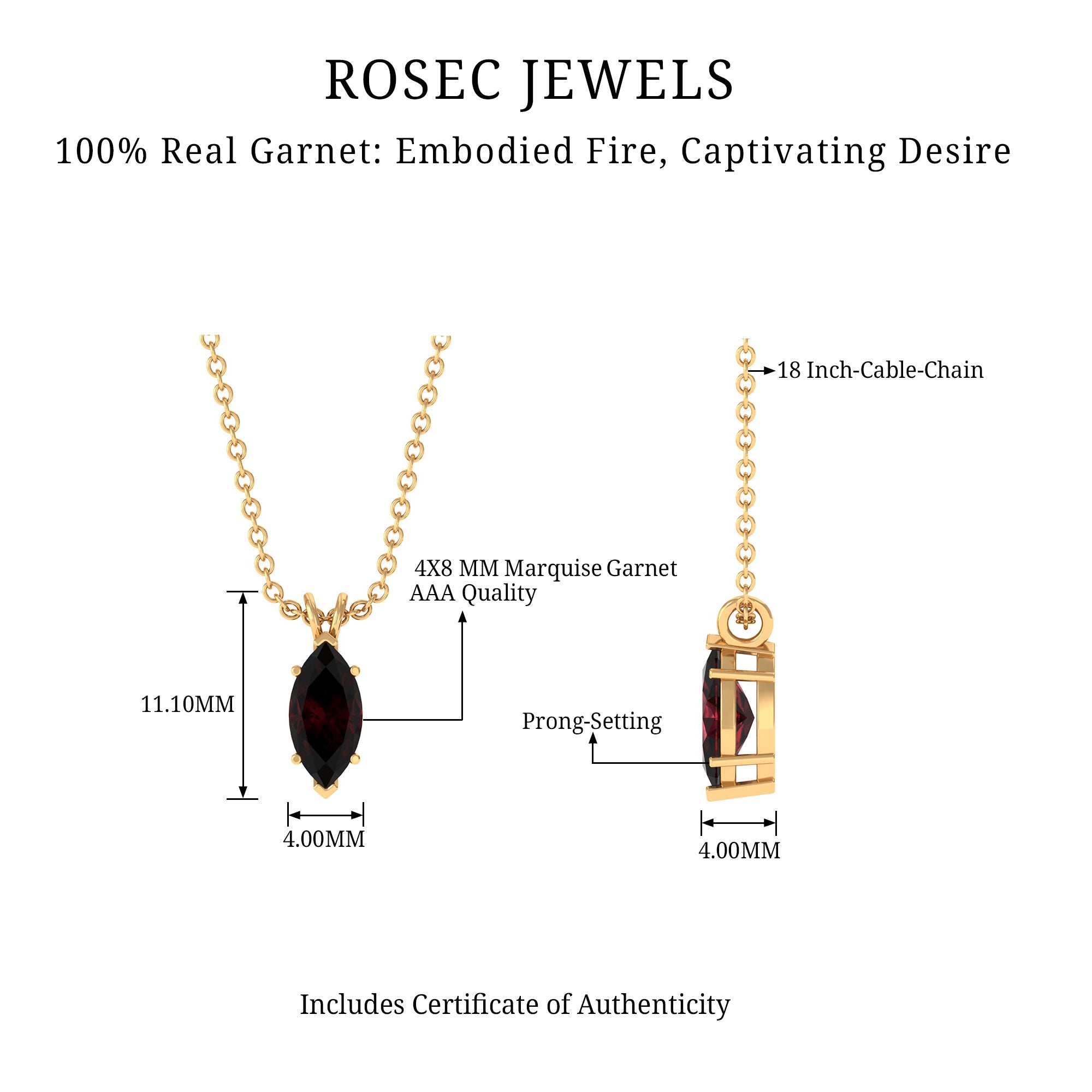 4X8 MM Marquise Cut Garnet Solitaire Pendant Garnet - ( AAA ) - Quality - Rosec Jewels