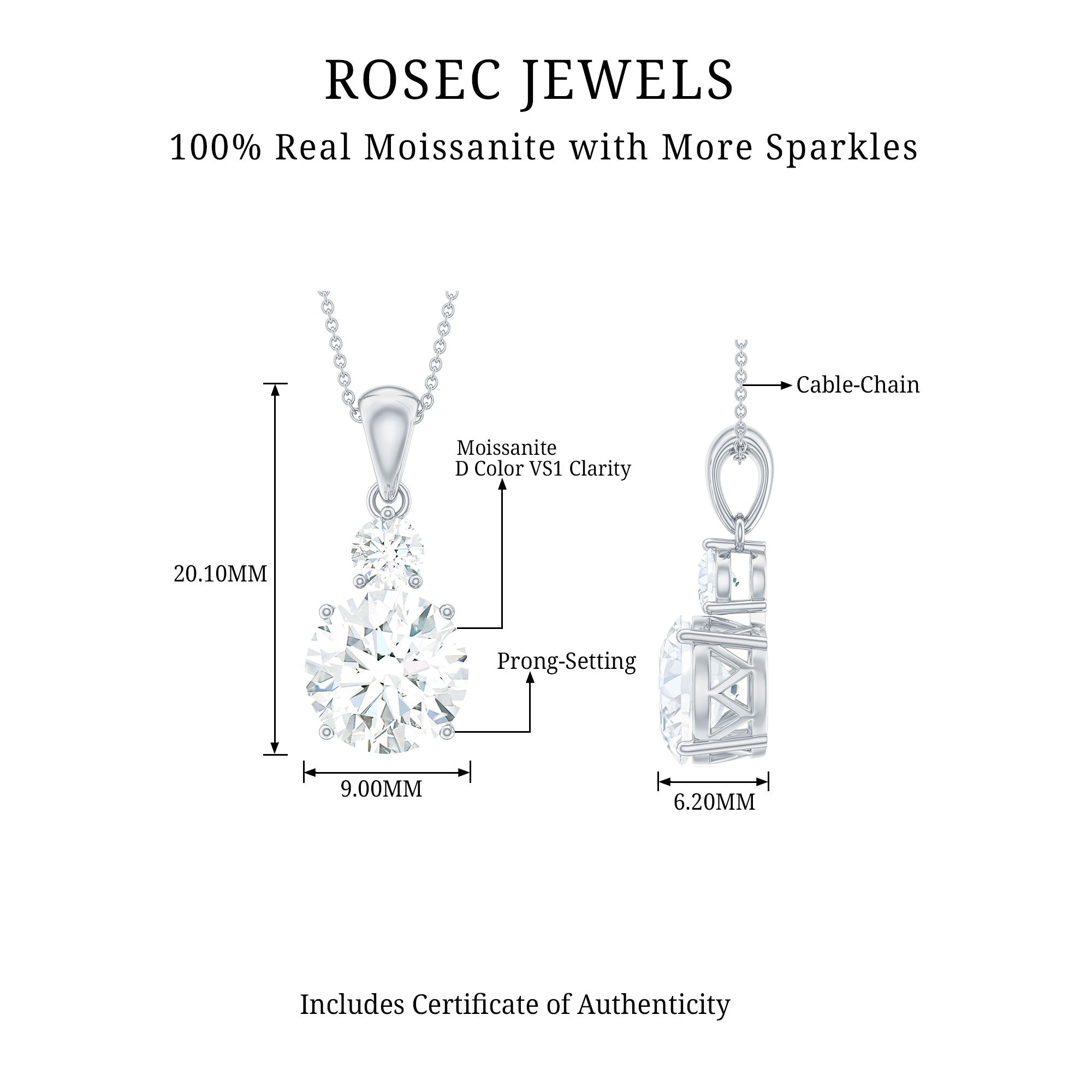 2.75 CT Minimal Round Shape Moissanite Solitaire Pendant Silver - Rosec Jewels