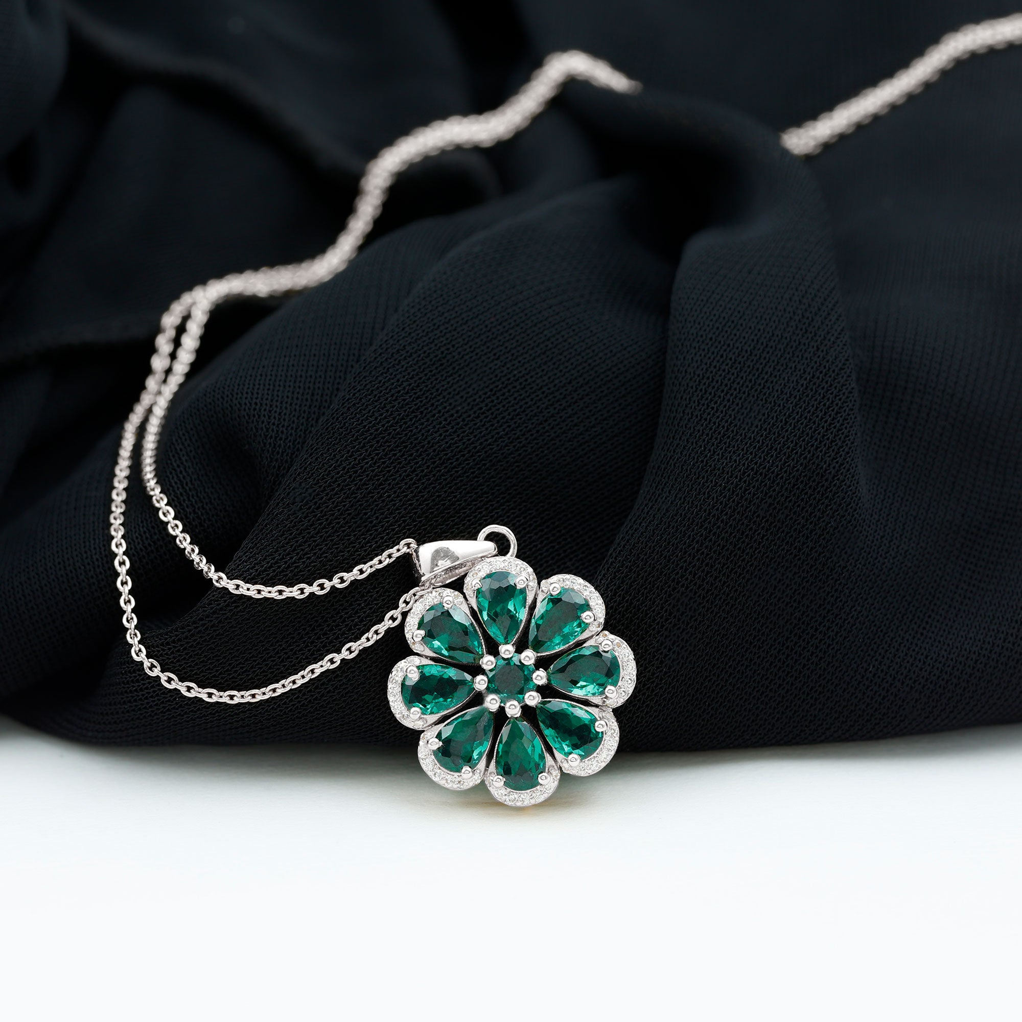 Pear Cut Created Emerald Silver Flower Pendant with Zircon Accent - Rosec Jewels