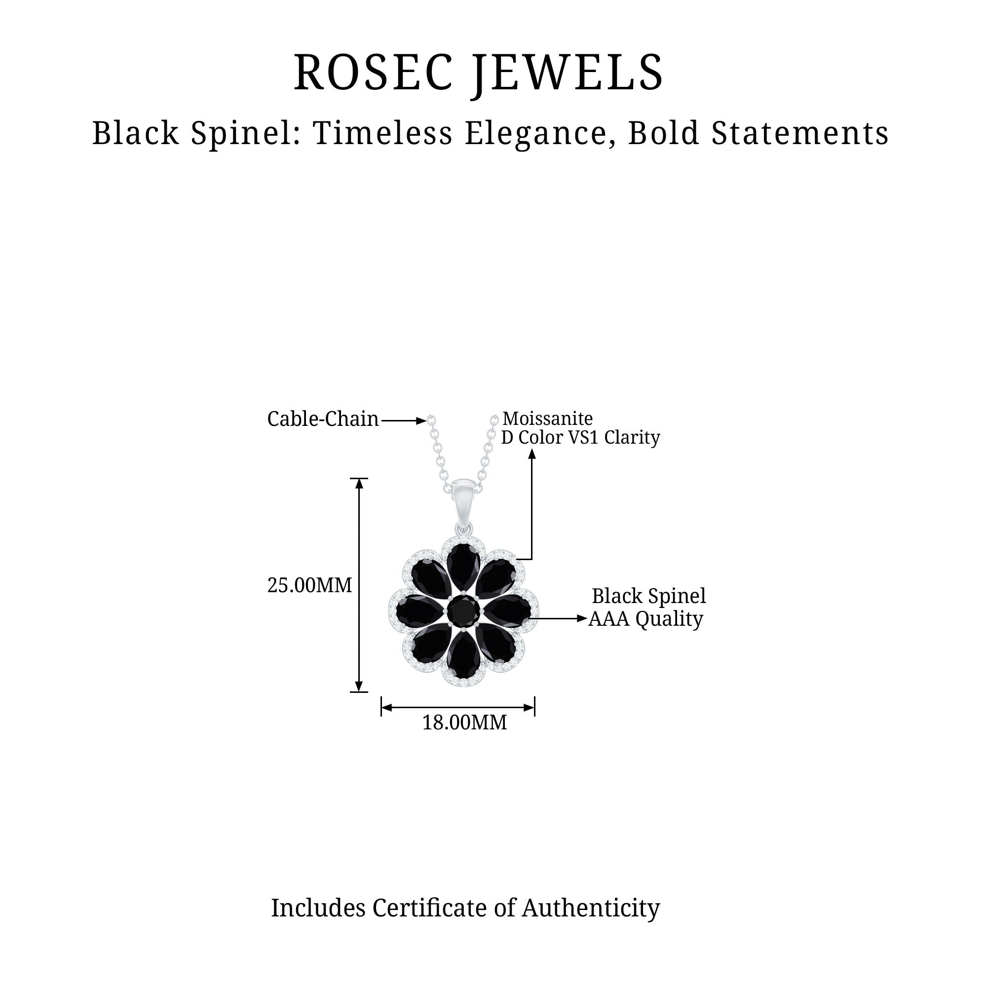 3.25 CT Black Spinel Flower Silver Pendant with Moissanite Halo - Rosec Jewels