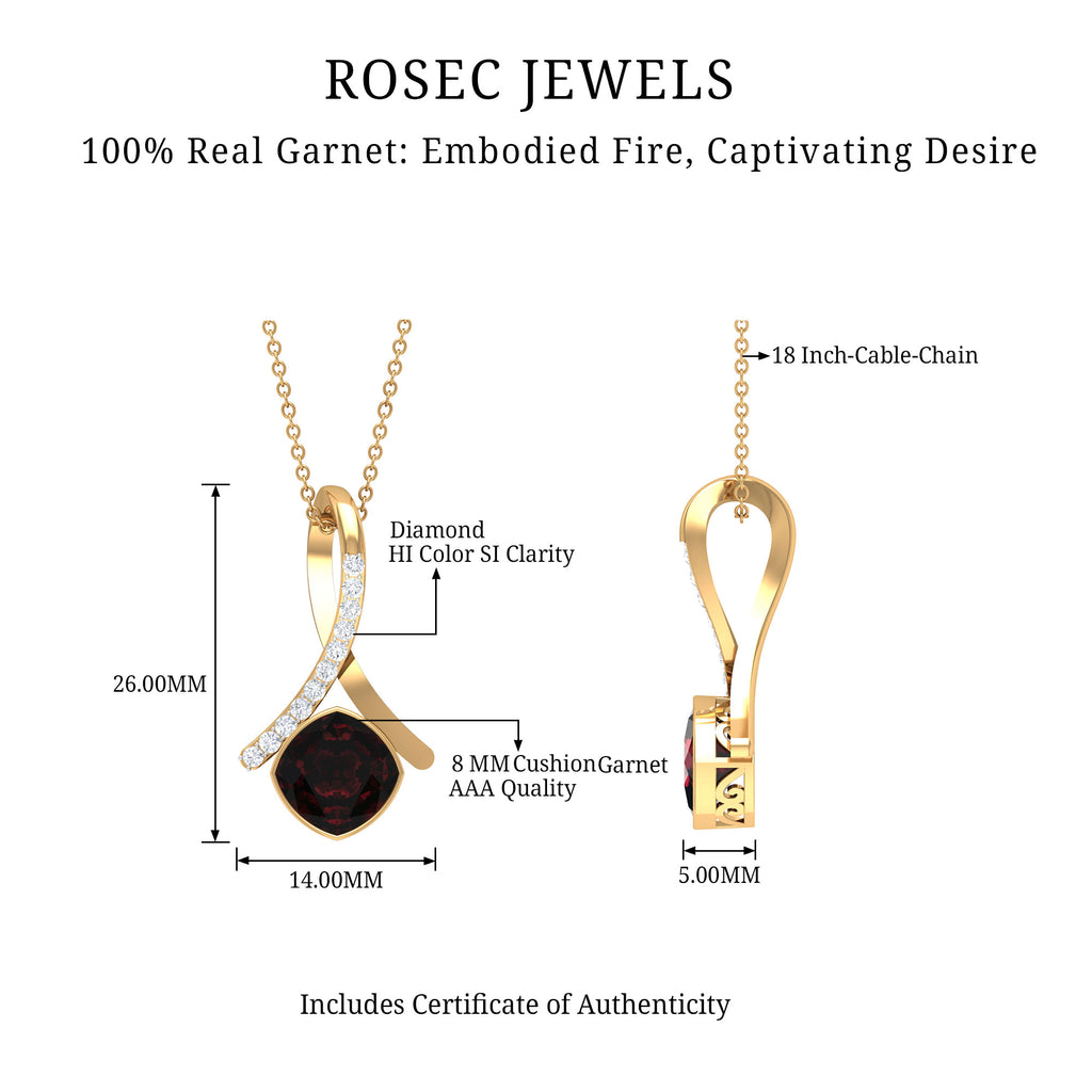 Cushion Cut Garnet Solitaire Pendant with Diamond Twisted Bail Garnet - ( AAA ) - Quality - Rosec Jewels