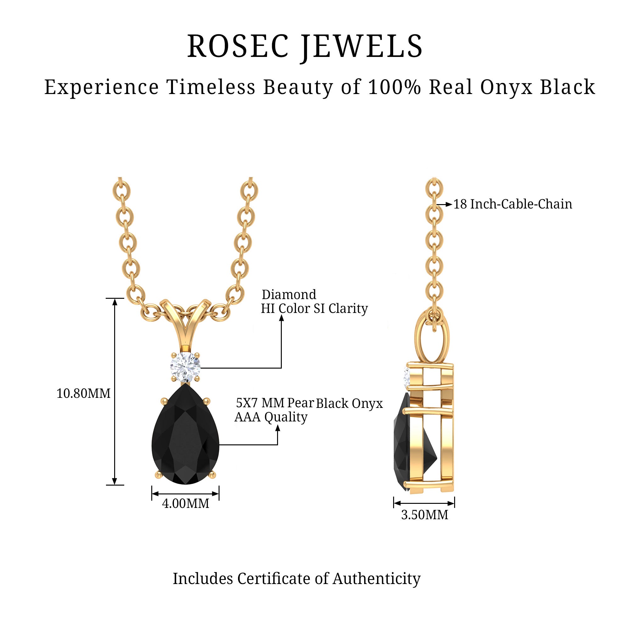 Pear Shape Black Onyx Solitaire Pendant with Diamond Black Onyx - ( AAA ) - Quality - Rosec Jewels