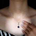 Lab-Created Blue Sapphire Halo Silver Dangle Pendant with Moissanite - Rosec Jewels