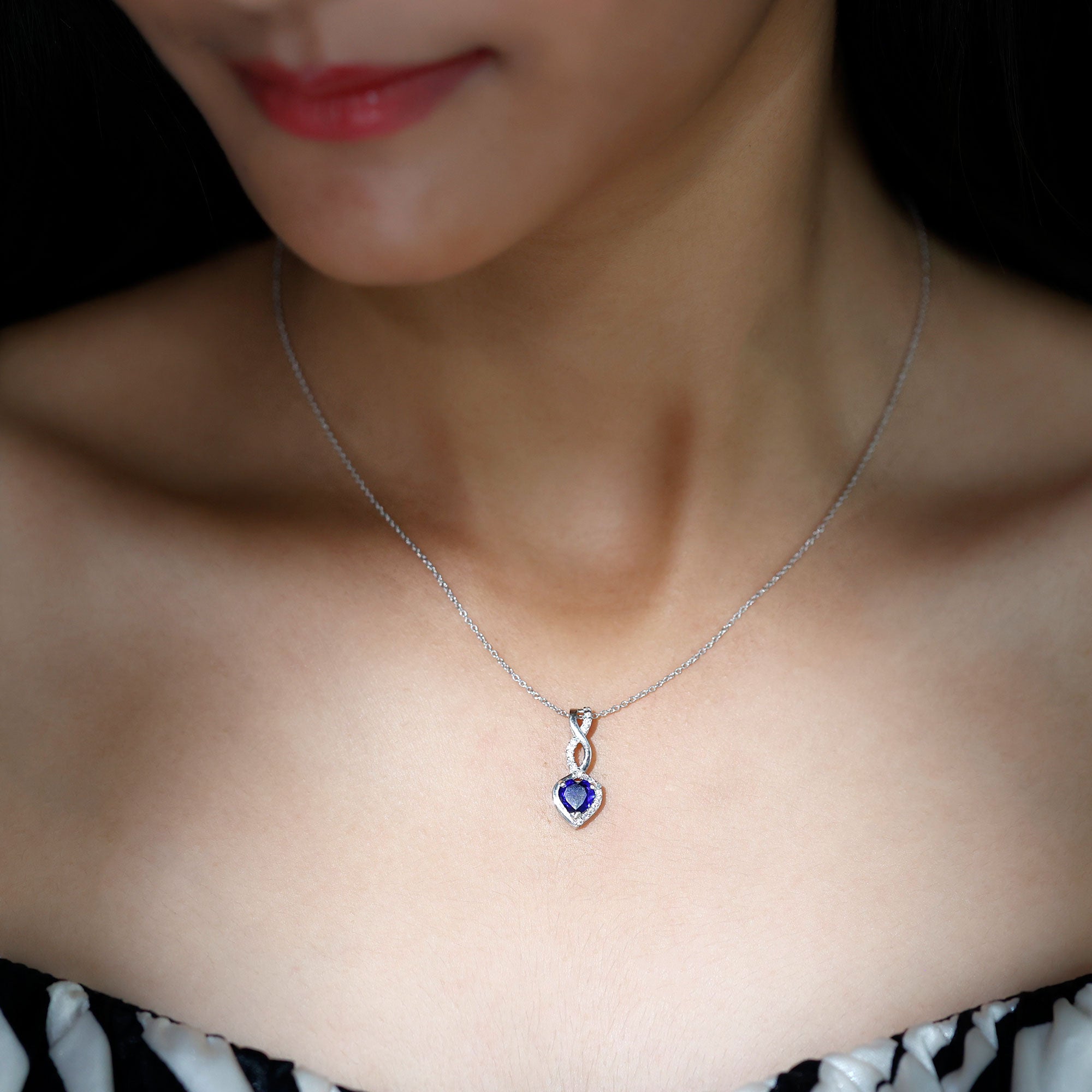 Created Blue Sapphire Silver Infinity Heart Dangle Pendant with Moissanite - Rosec Jewels
