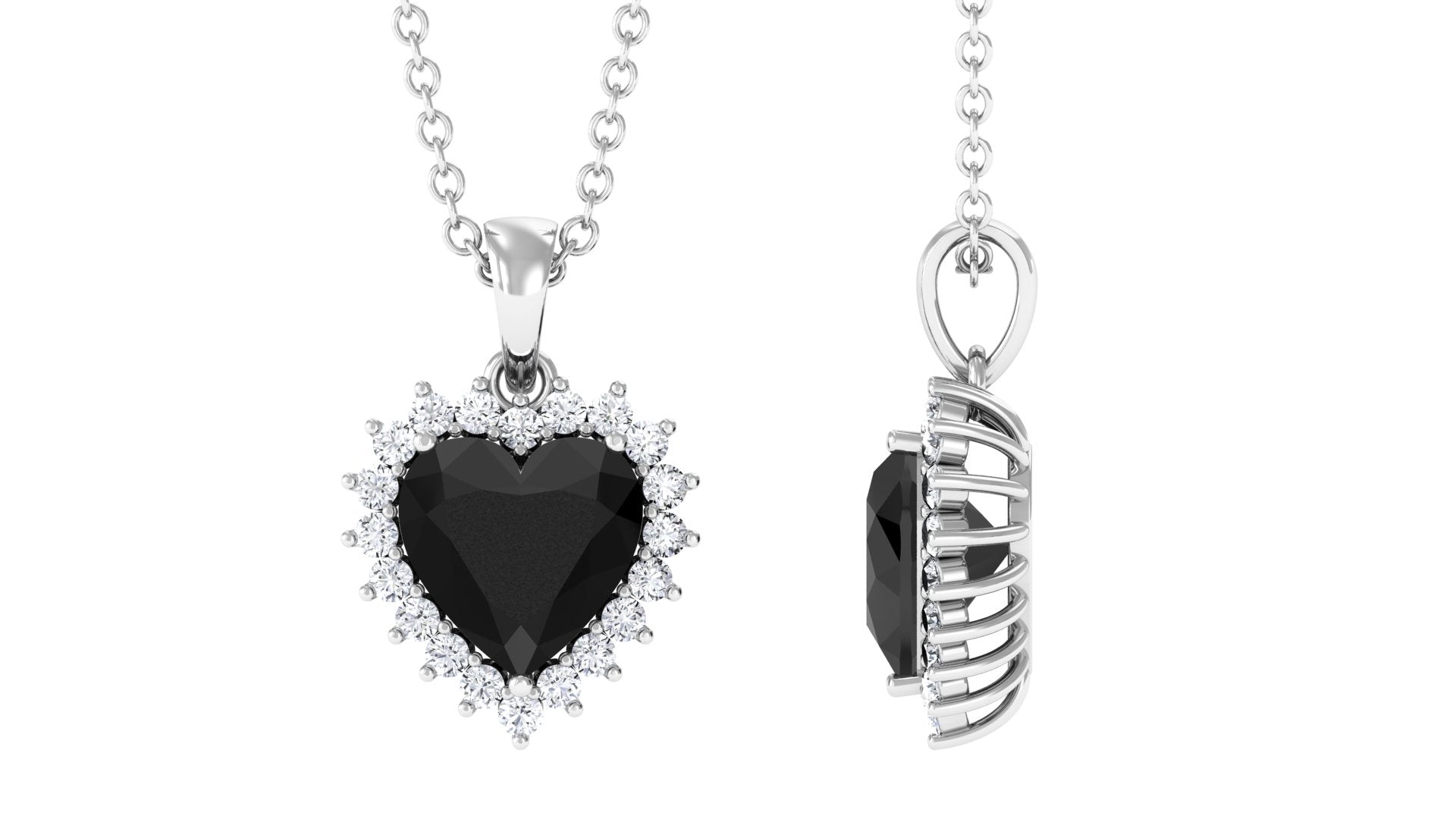 Heart Shape Black Spinel Solitaire Silver Pendant with Moissanite Halo - Rosec Jewels
