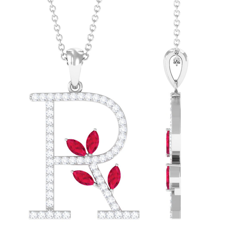 Moissanite R Initial Pendant Necklace With Lab Grown Ruby Lab Created Ruby - ( AAAA ) - Quality - Rosec Jewels