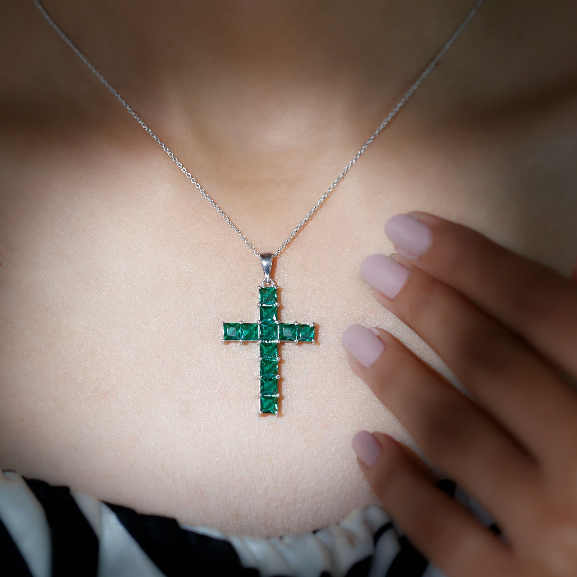 3.5 CT Lab Created Emerald Cross Pendant Necklace in Silver - Rosec Jewels