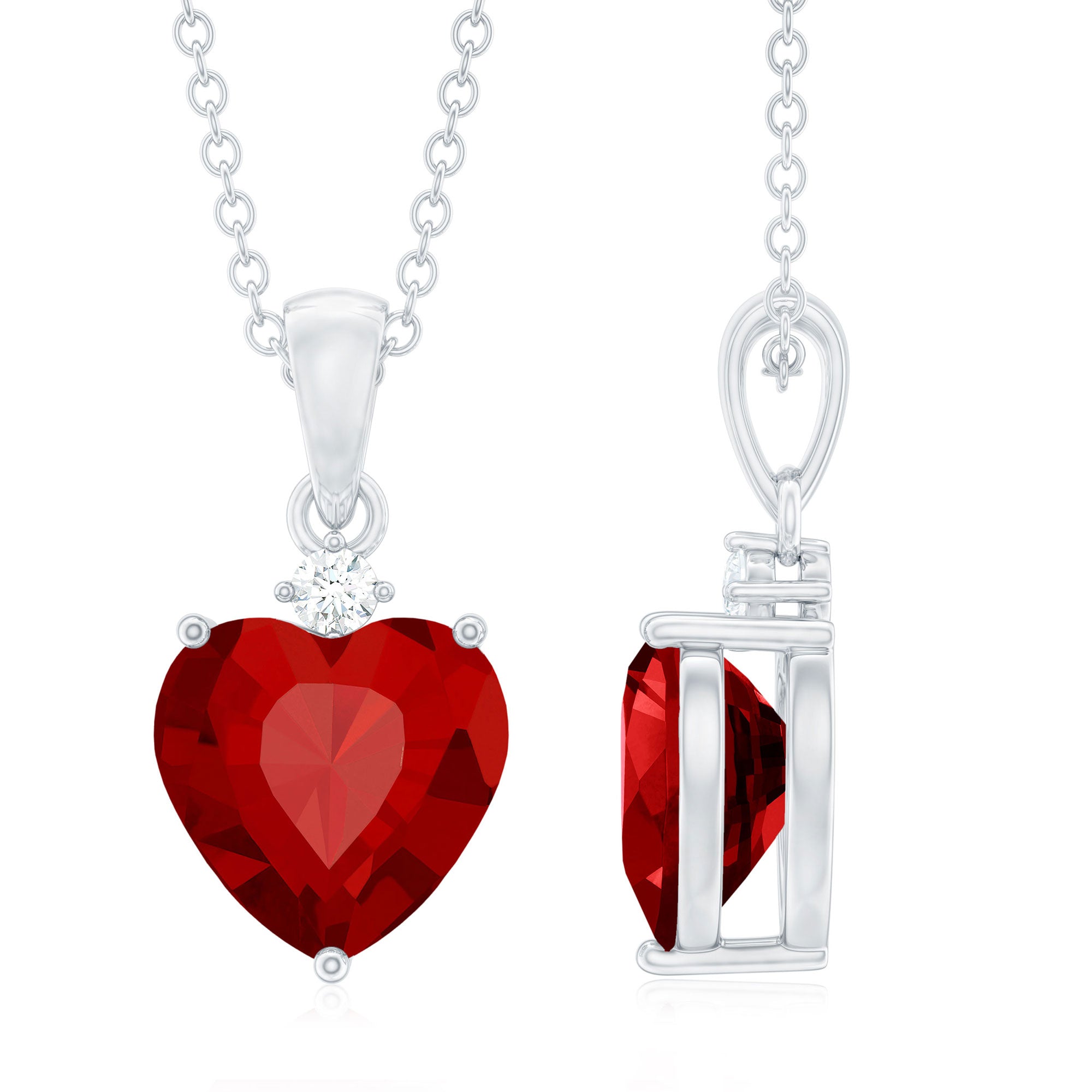 2 CT Created Ruby Silver Heart Pendant Necklace with Zircon - Rosec Jewels