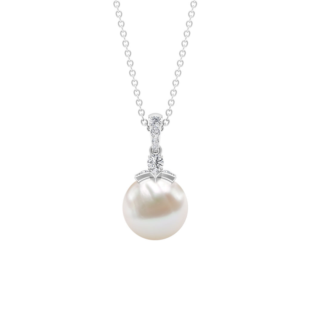 Real Freshwater Pearl and Diamond Drop Pendant Necklace Freshwater Pearl - ( AAA ) - Quality - Rosec Jewels