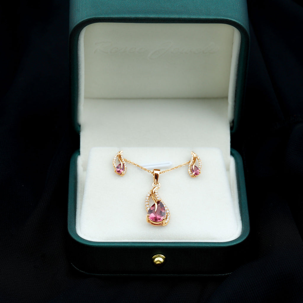 Pear Shape Pink Tourmaline and Diamond Leaf Jewelry Set Pink Tourmaline - ( AAA ) - Quality - Rosec Jewels