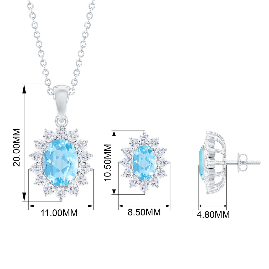 Oval Cut Aquamarine and Moissanite Halo Pendant Earrings Set Aquamarine - ( AAA ) - Quality - Rosec Jewels