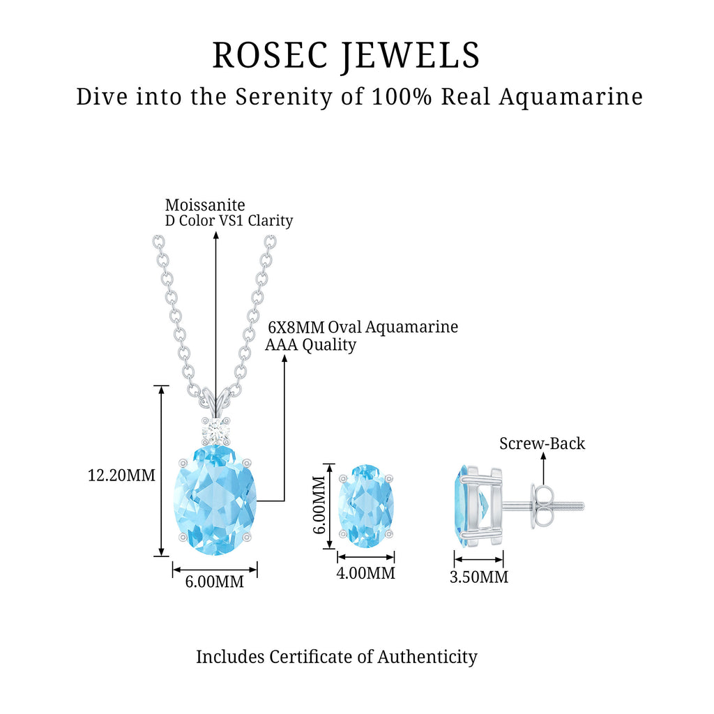 Aquamarine Solitaire Pendant Necklace and Earrings Set Aquamarine - ( AAA ) - Quality - Rosec Jewels
