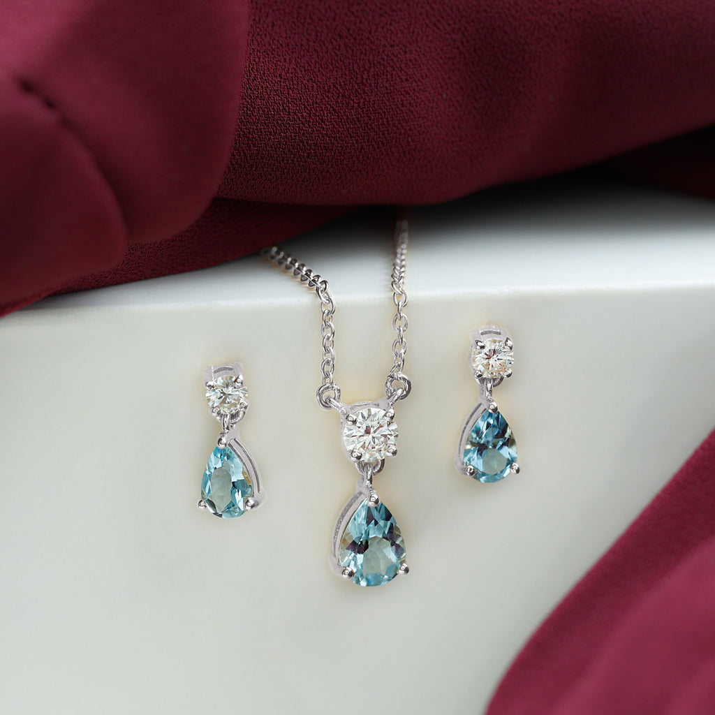 2.25 CT Pear Cut Aquamarine Tear Drop Jewelry Set with Moissanite Aquamarine - ( AAA ) - Quality - Rosec Jewels
