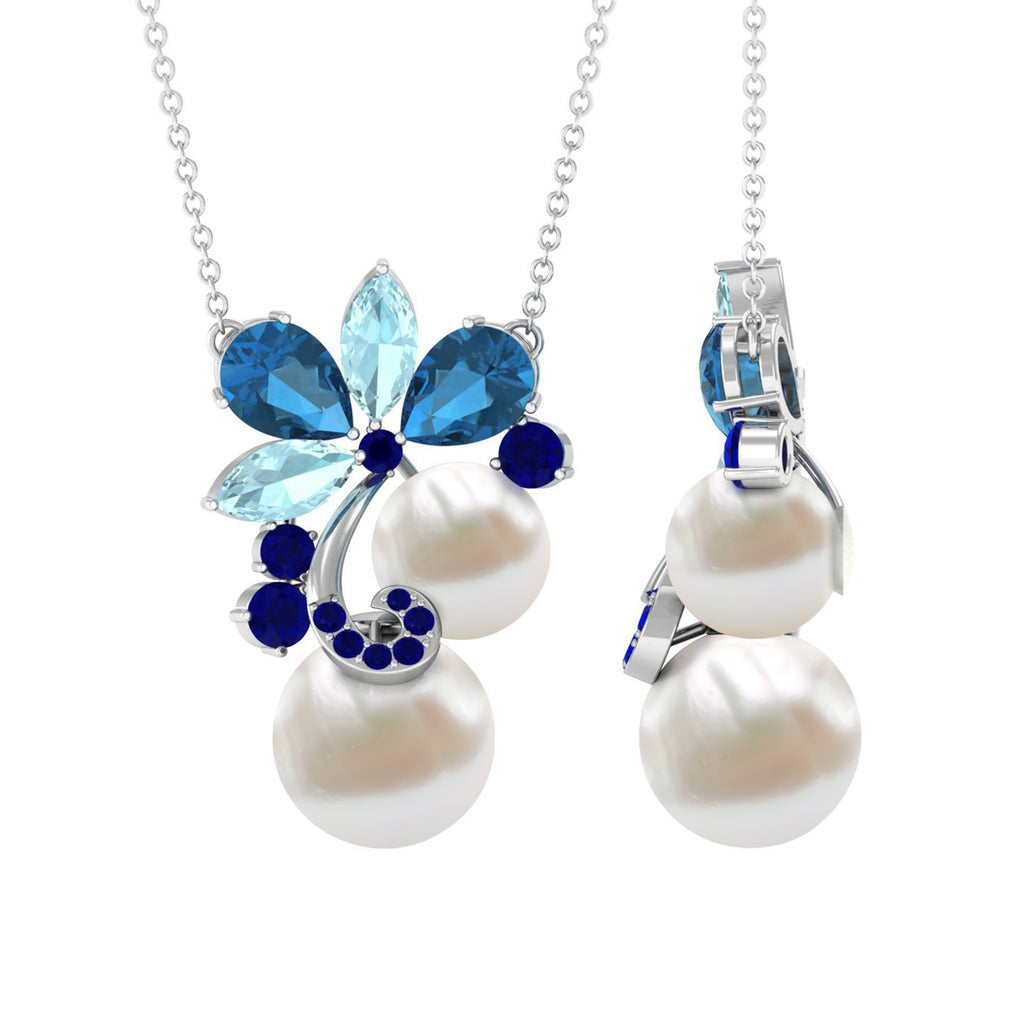 Blue Topaz and Sapphire Cocktail Floral Necklace with Freshwater Pearl Freshwater Pearl - ( AAA ) - Quality - Rosec Jewels