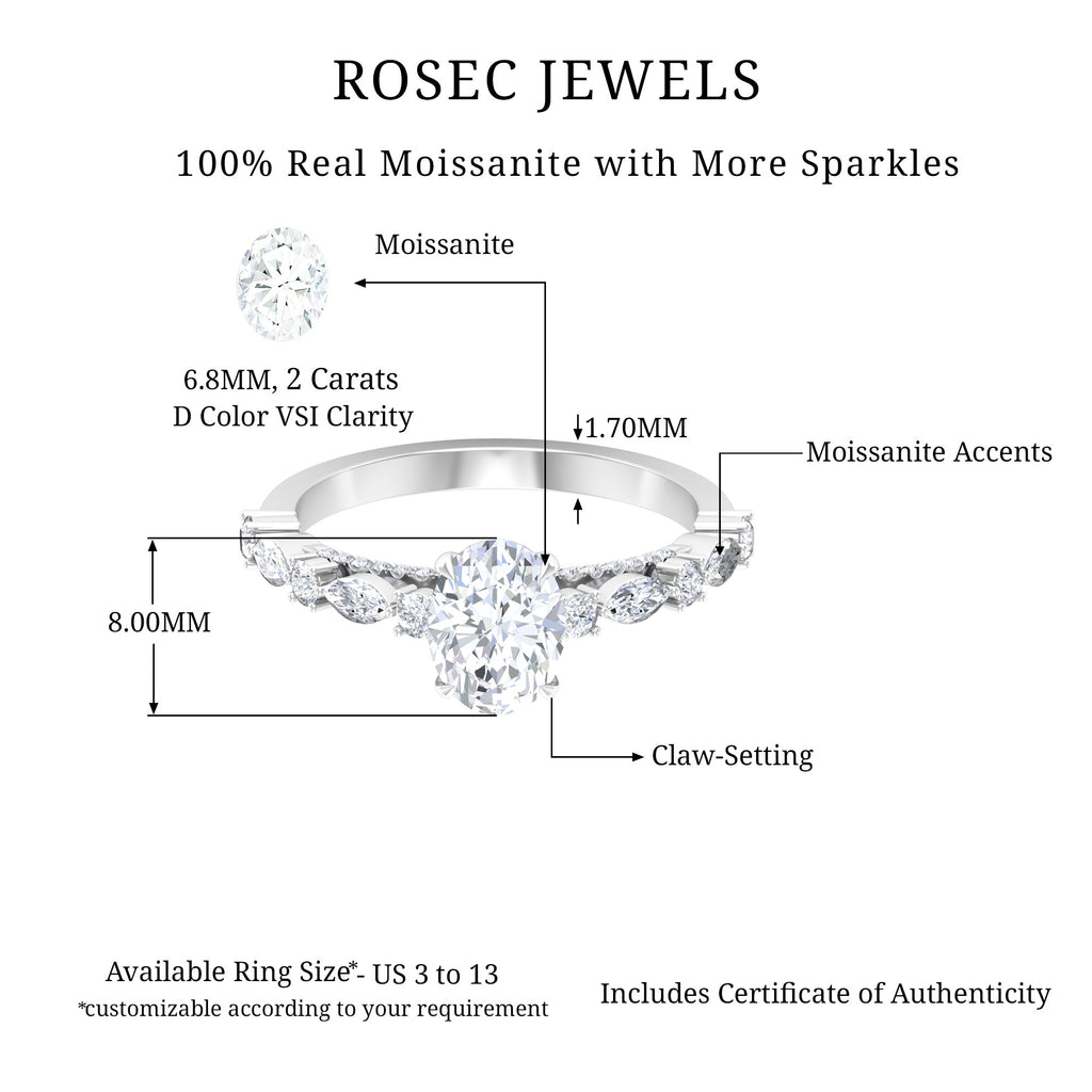 2 CT Oval Moissanite Solitaire Engagement Ring in Claw Setting Moissanite - ( D-VS1 ) - Color and Clarity - Rosec Jewels