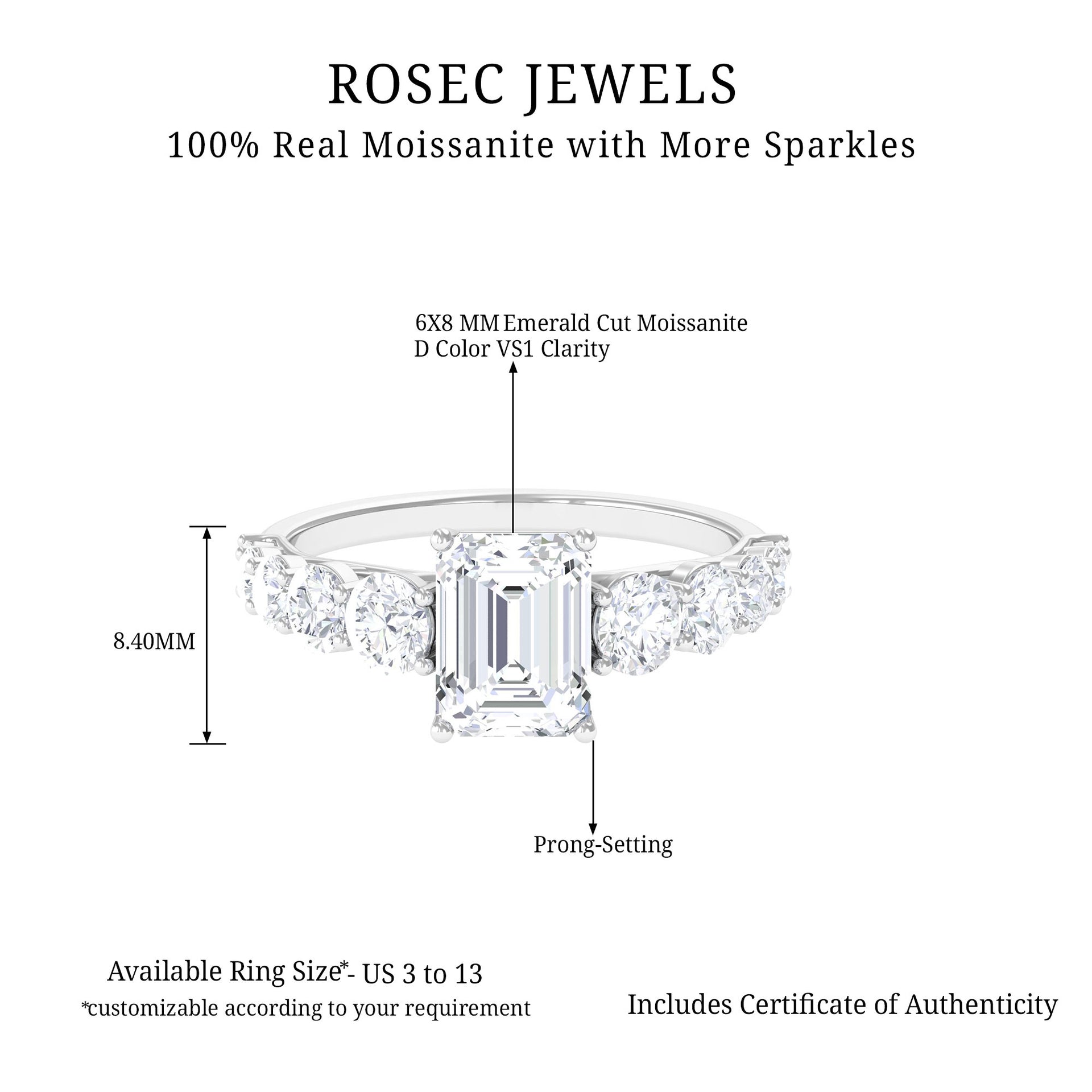 3.5 CT Octagon Cut Moissanite Solitaire Ring with Side Stones Moissanite - ( D-VS1 ) - Color and Clarity - Rosec Jewels