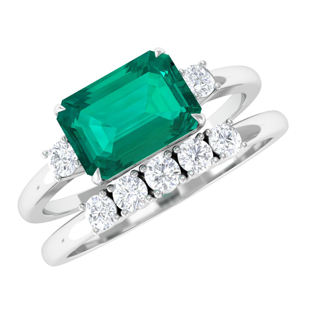 East West Emerald and Diamond Wedding Ring Set Emerald - ( AAA ) - Quality - Rosec Jewels
