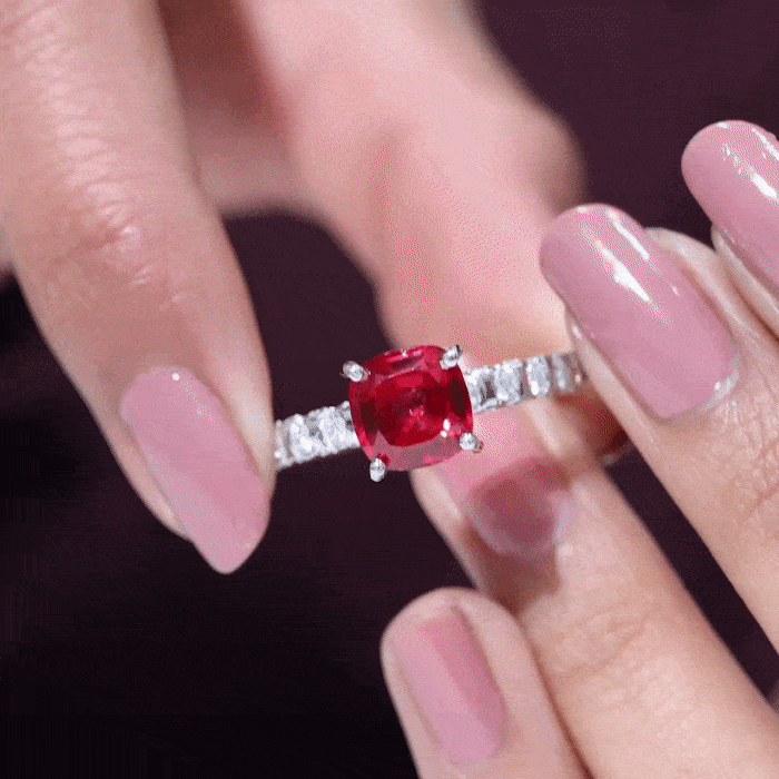 Cushion Cut Lab Grown Ruby Solitaire Ring with Diamond Lab Created Ruby - ( AAAA ) - Quality - Rosec Jewels
