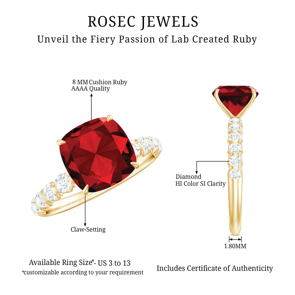 Kissenförmiger Schmuckstein mit Lab gewachsenem Rubin Als Solitär Ring und Moissanite