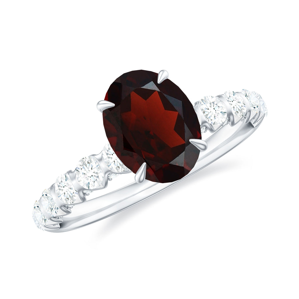 8X6 MM Oval Cut Garnet Solitaire with Diamond Side Stones Ring Garnet - ( AAA ) - Quality - Rosec Jewels