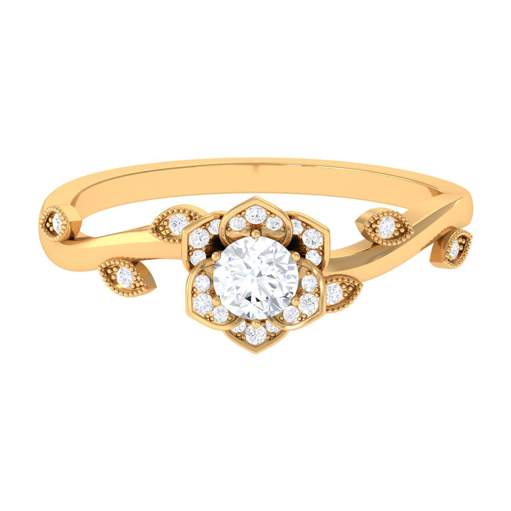 1/4 CT Floral Diamond Solitaire and Gold Leaf Motif Ring Diamond - ( HI-SI ) - Color and Clarity - Rosec Jewels