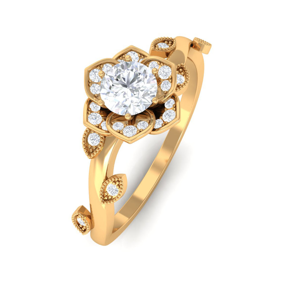 1/4 CT Floral Diamond Solitaire and Gold Leaf Motif Ring Diamond - ( HI-SI ) - Color and Clarity - Rosec Jewels
