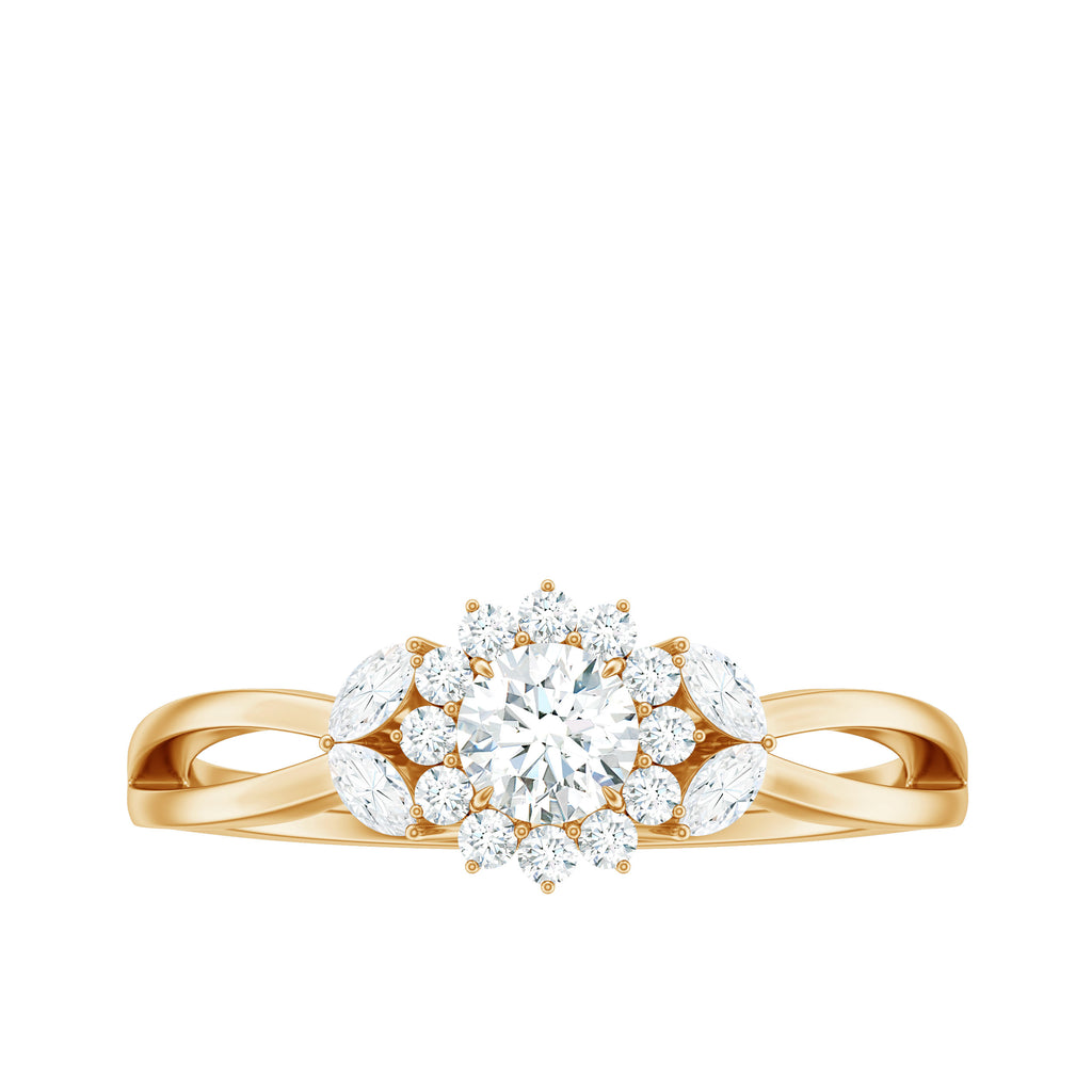 Diamond Flower Engagement Ring with Split Shank Diamond - ( HI-SI ) - Color and Clarity - Rosec Jewels