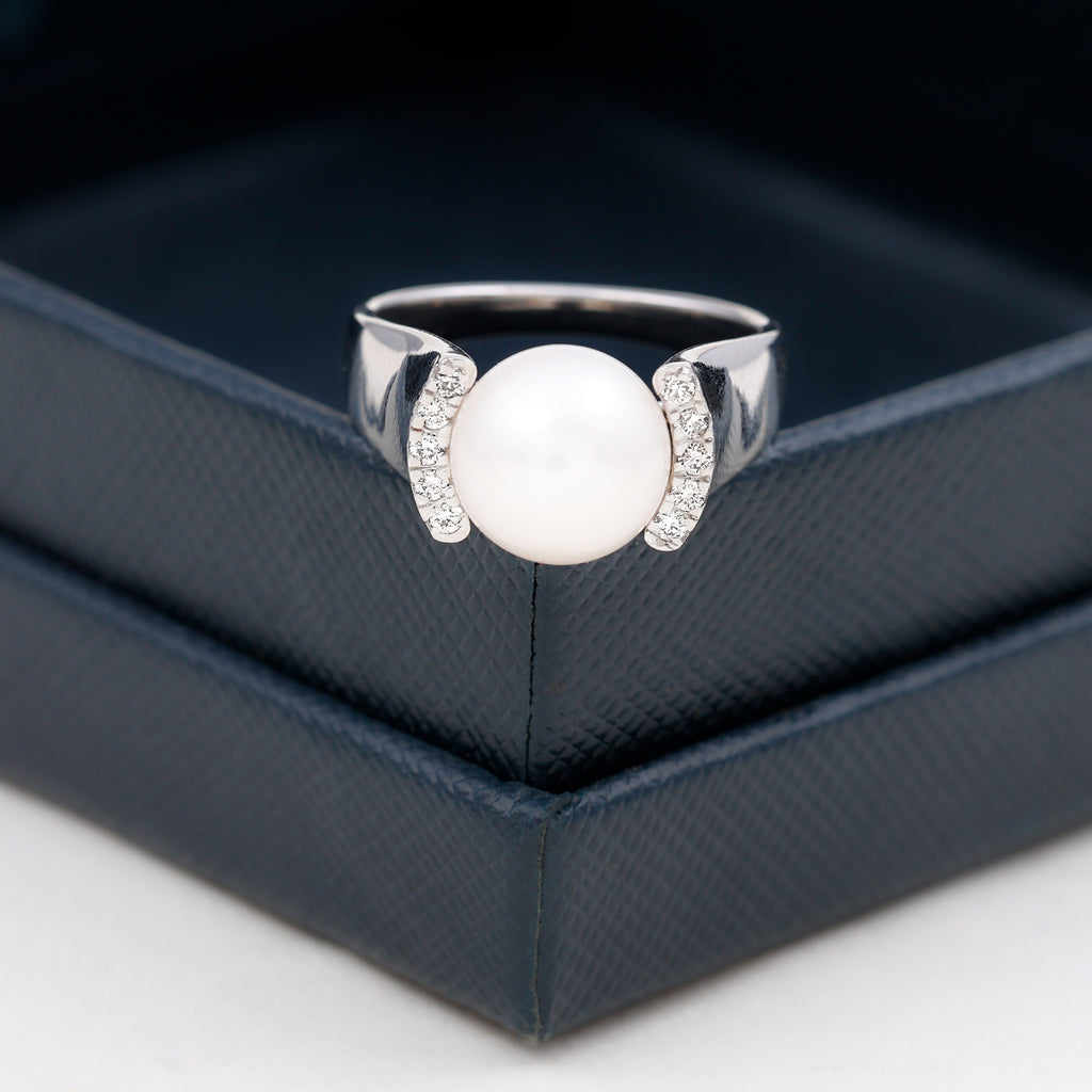 8.25 CT Freshwater Pearl Solitaire with Diamond Collar Ring Freshwater Pearl - ( AAA ) - Quality - Rosec Jewels