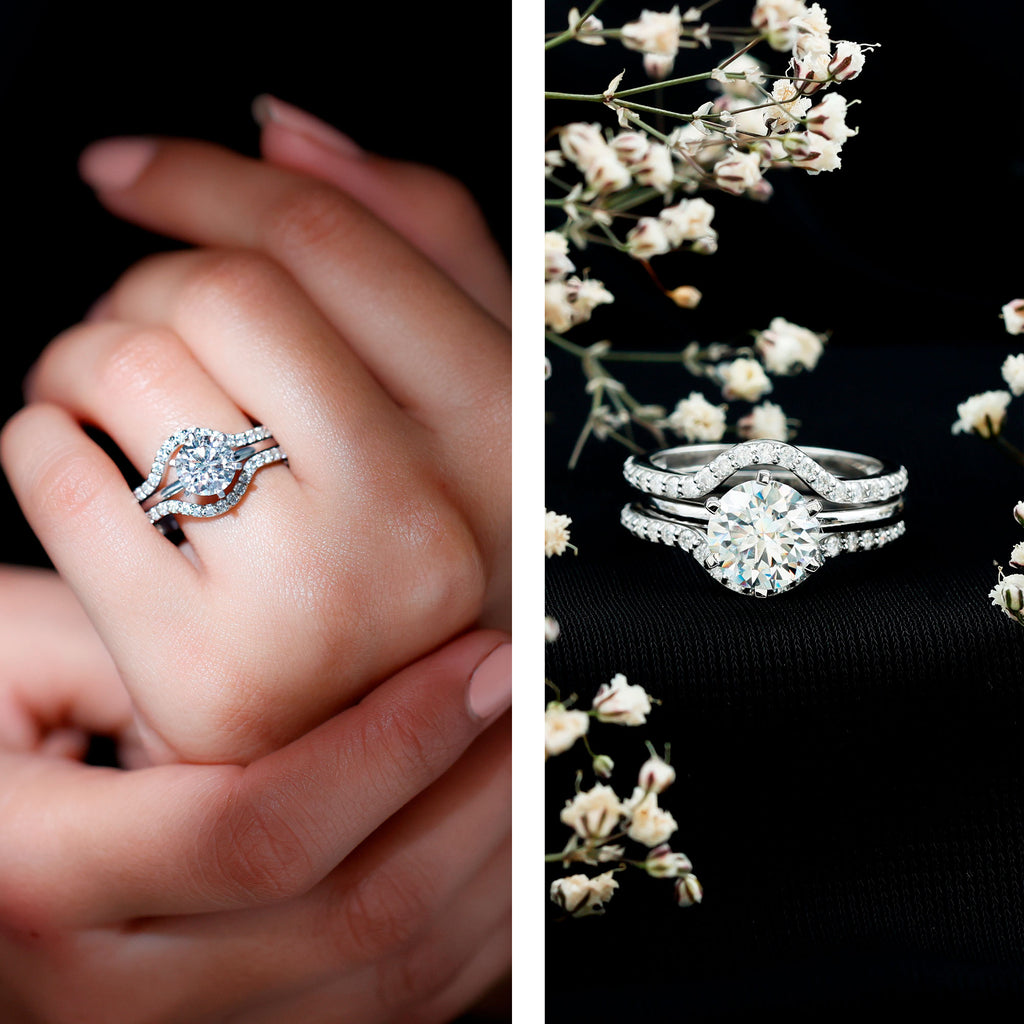 Solitaire zertifiziertes Moissanite Trio Hochzeitsring Set