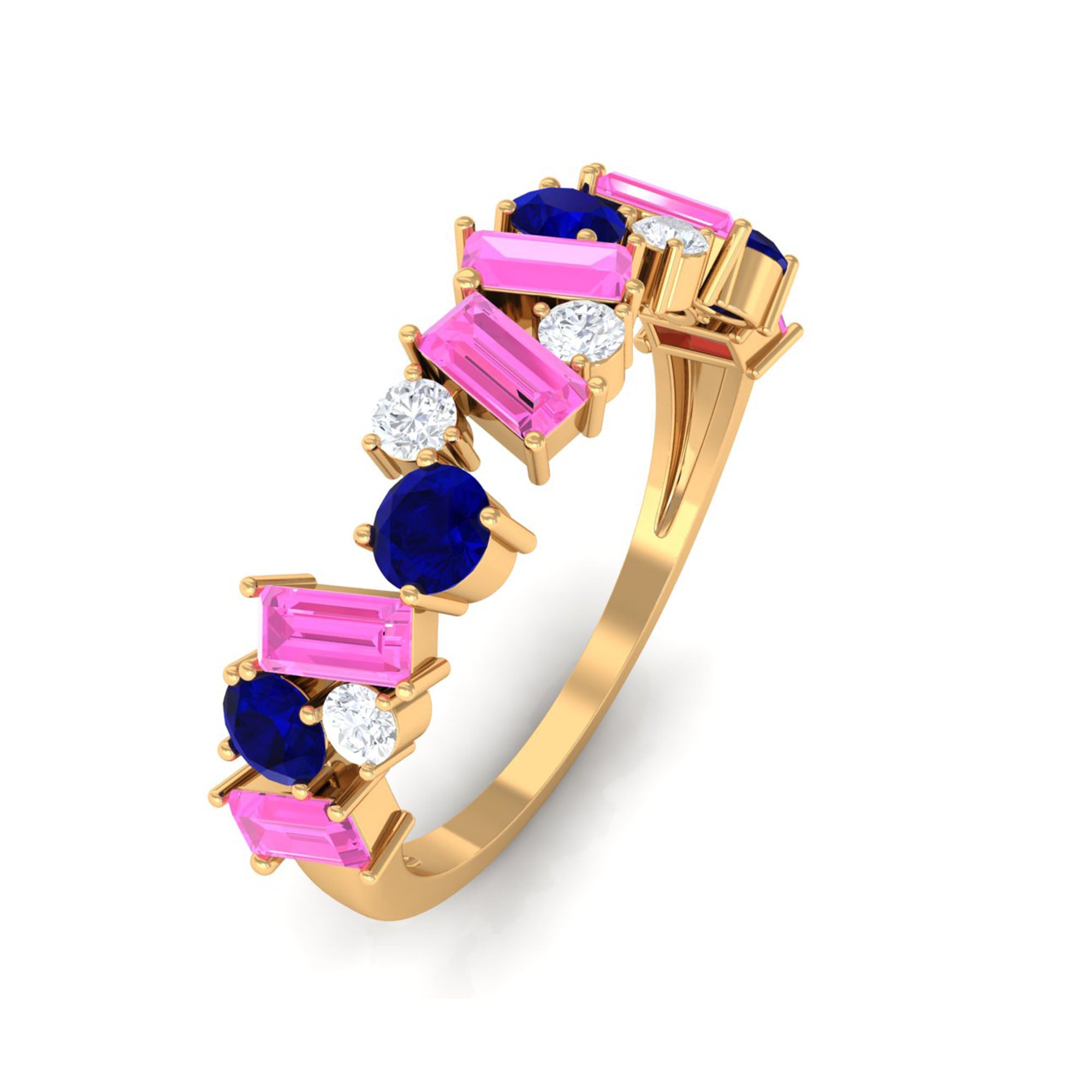 2 CT Lab-Created Pink and Created Blue Sapphire Half Eternity Ring Lab Created Blue Sapphire - ( AAAA ) - Quality - Rosec Jewels